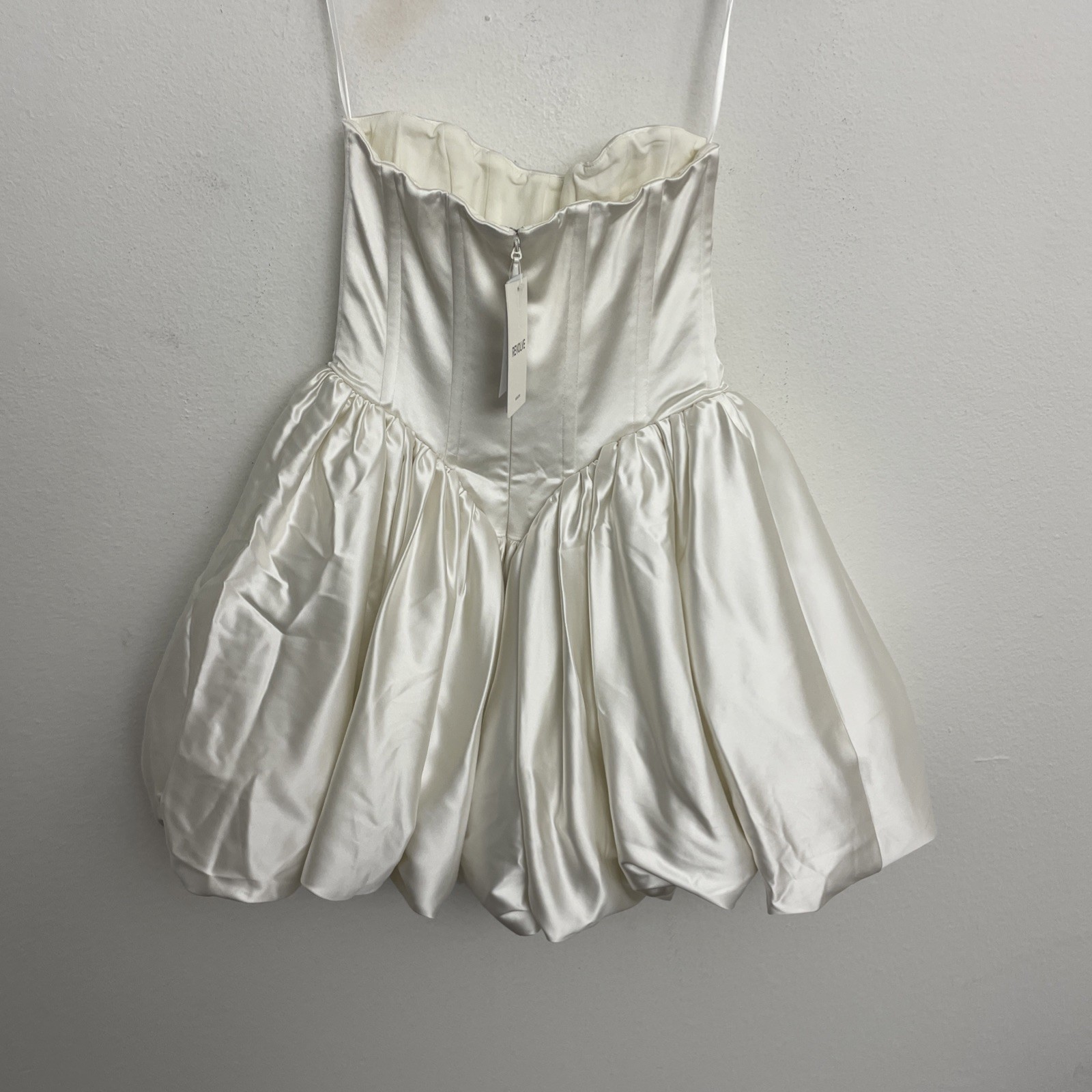 Lovers and Friends Defarge Dress white Satin fabric bubble hem boned XS $398msrp