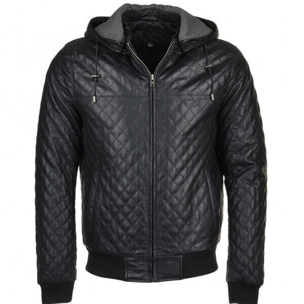 Men’s Real Leather Black Bomber Jacket Quilted Hoodie Winer Autumn Hooded Jacket