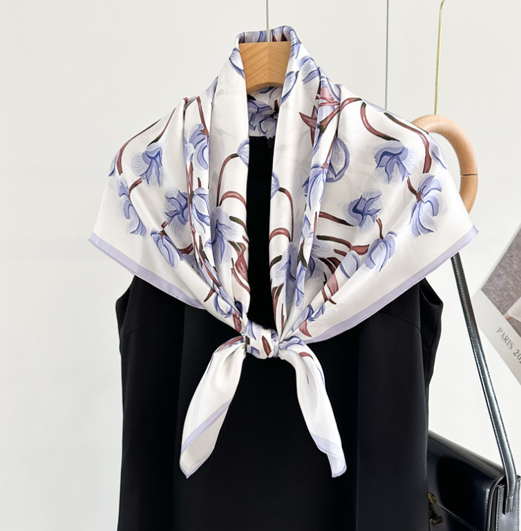 100% Silk Mulberry 35” Scarf For Women Neckerchief Wrap Flower branches Print