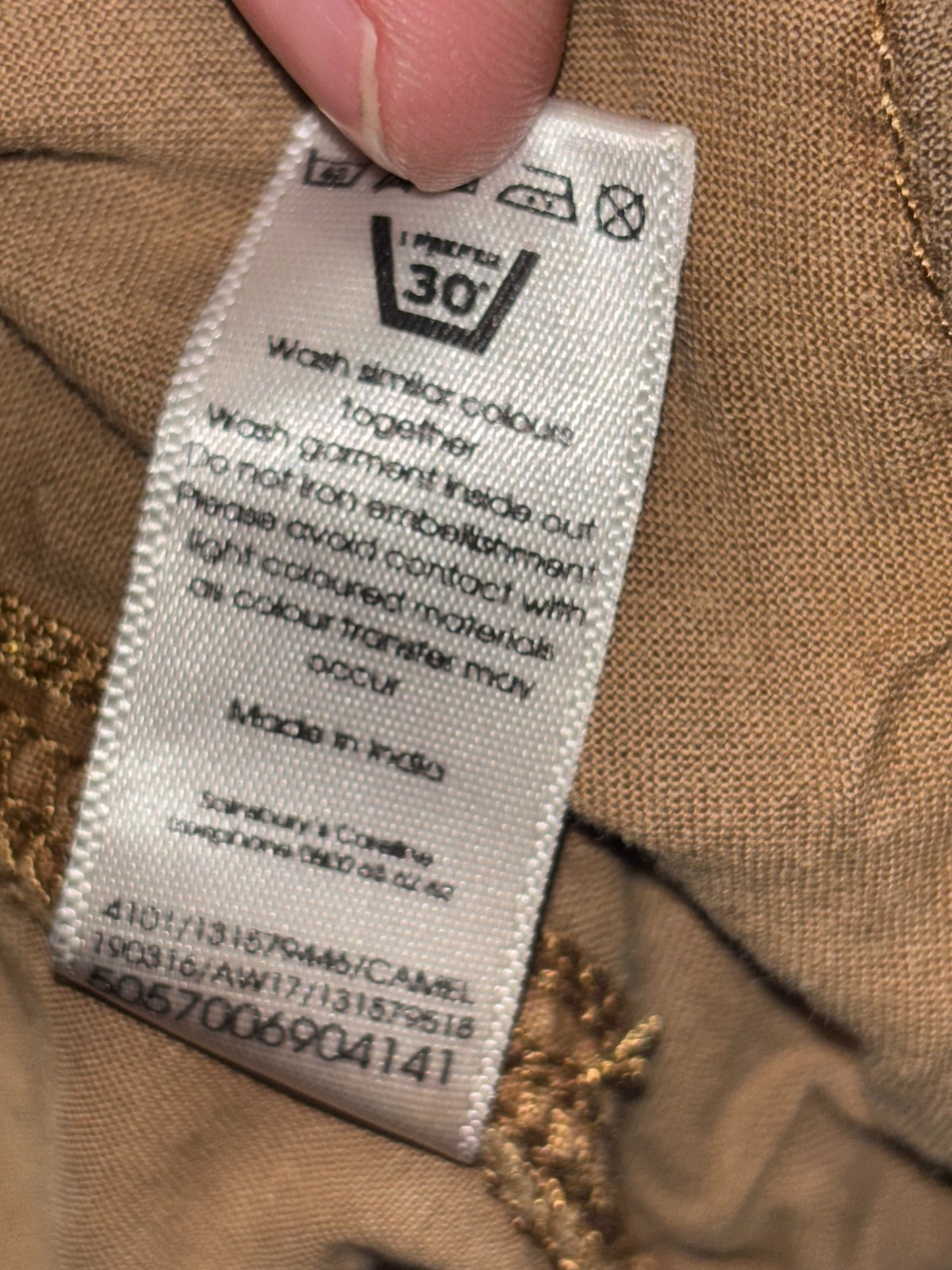 TU 100% Cotton Camel Elasticated Waist Embroidered Combat Trousers, Size – 18