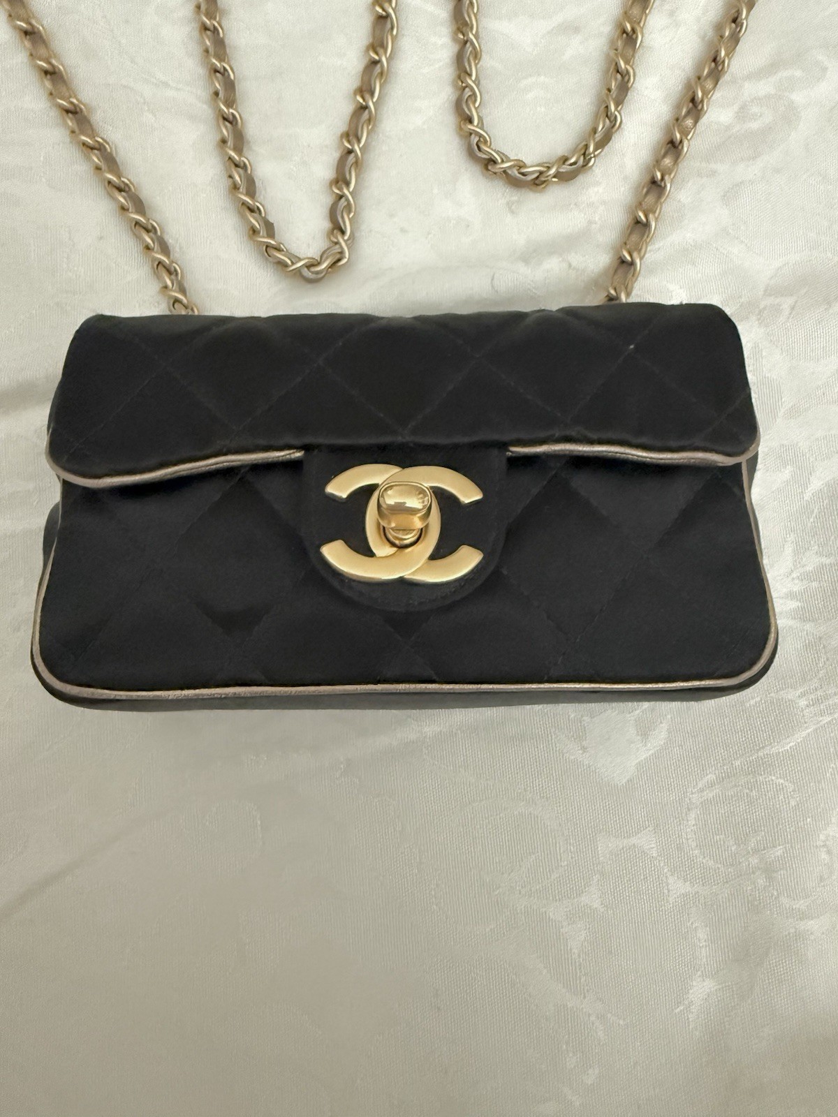 Vintage Chanel Extra Mini Satin Flap Bag Black Gold Chain Crossbody Rare