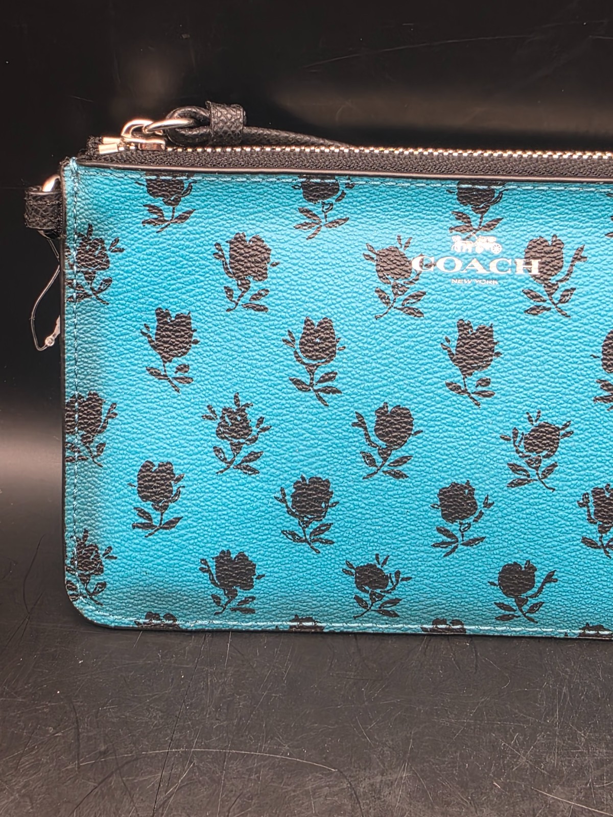 Coach Badlands Floral Teal & Black Wristlet NEW
