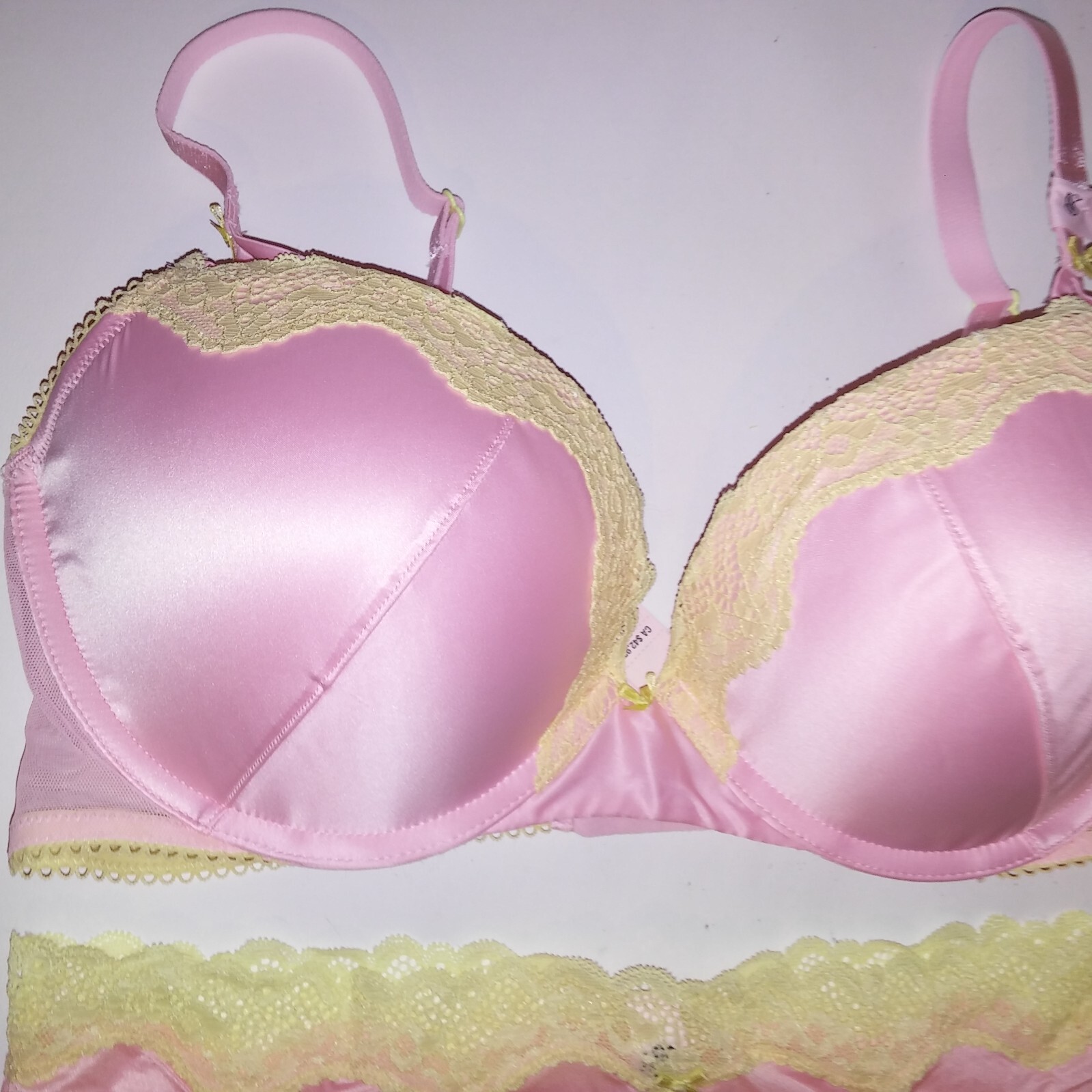 Victoria Secret Bra Set Tease Push Up Cheeky Panty Pink Yellow Lace Trim New