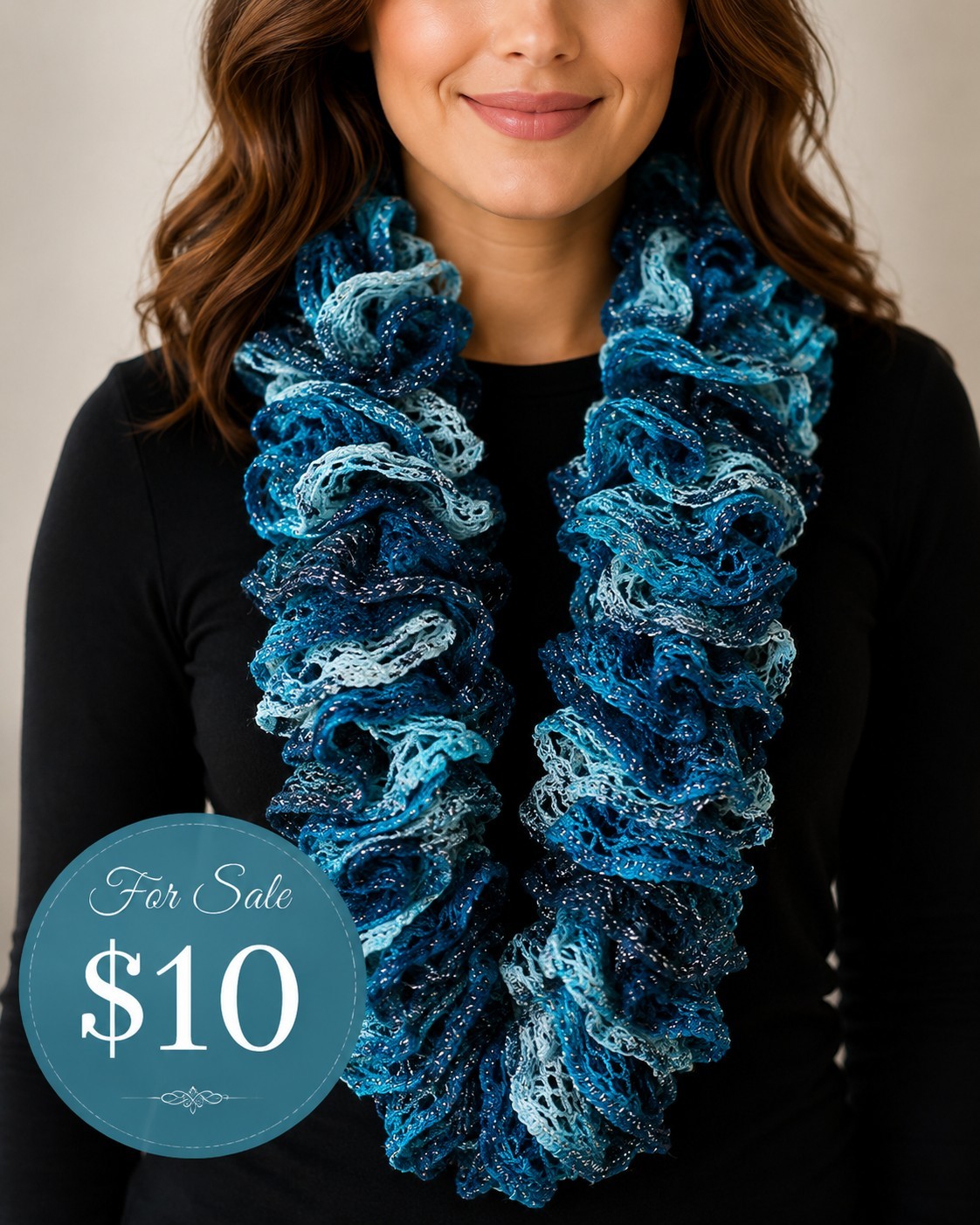 Women’s Blue Light Blue Black Solid Knit Ruffle Infinity Scarf