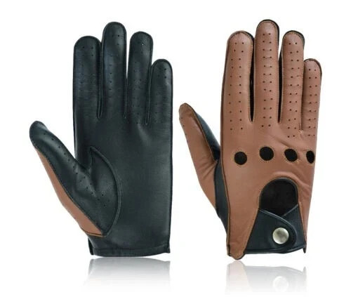 Mens Genuine Lambskin Leather Driving Gloves Brown Snap Wrist Driver Gloves New