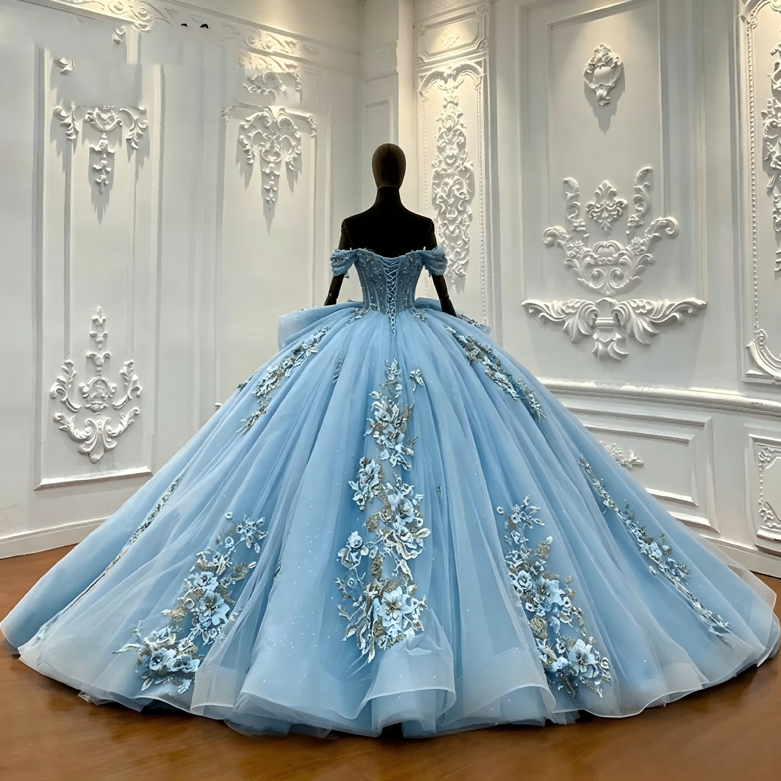 Sky Blue Glitter Tulle Quinceanera Ball Gown 3D Floral Big Bow Sweet 16 Dress
