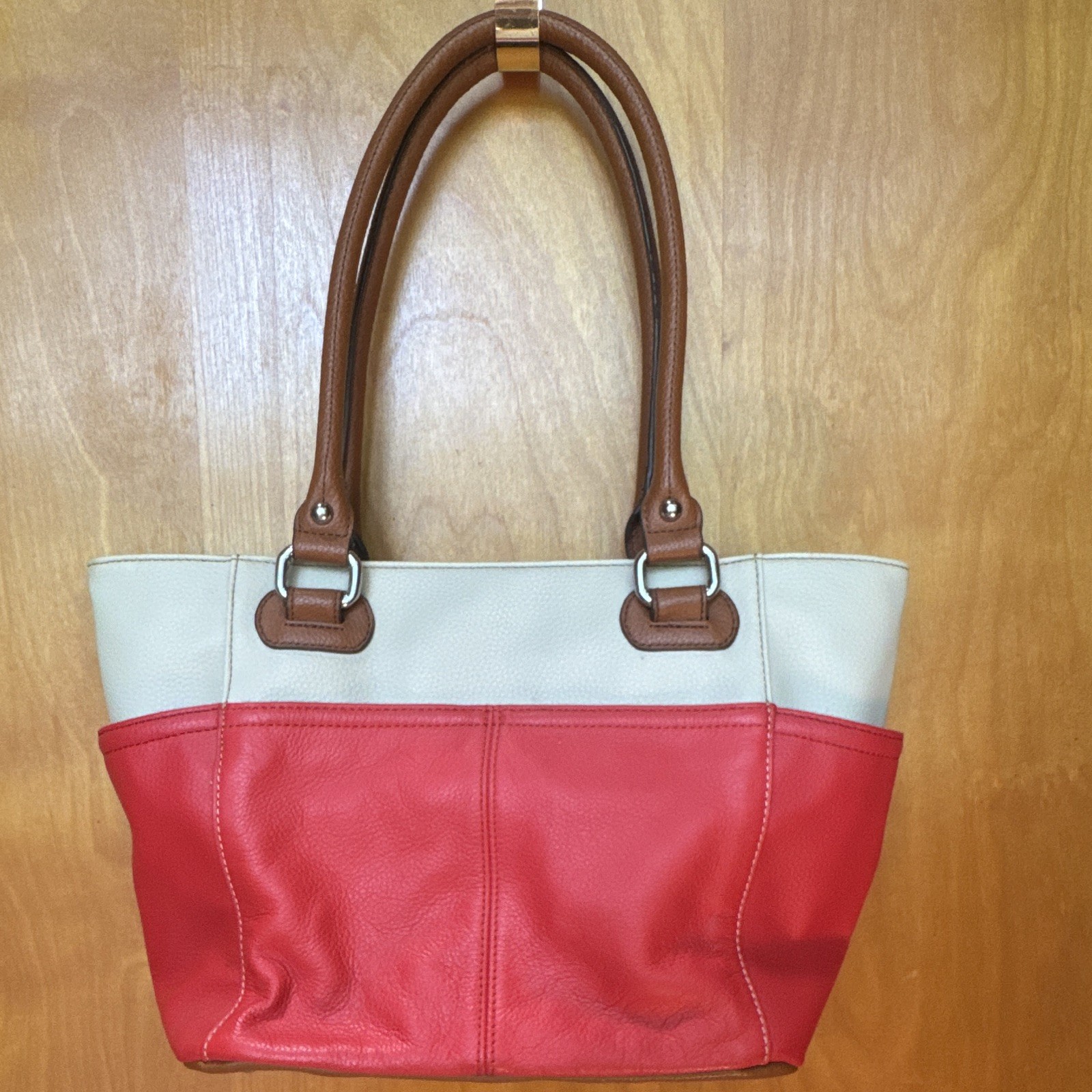 Tignanello Colorblock Tote Bag Red Beige Brown Snap Zip Closure Inner Pockets