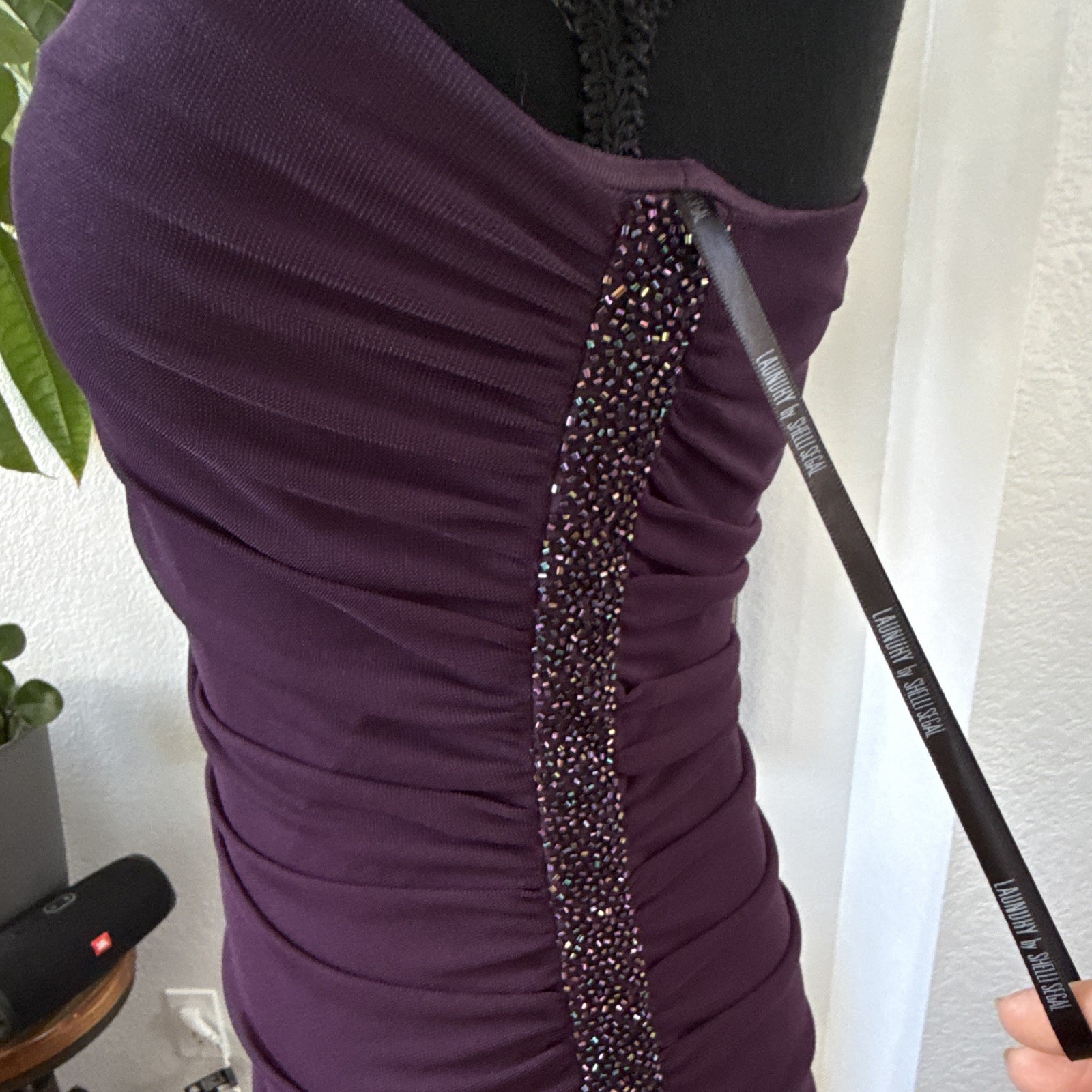 Laundry by Shelli Segal Women’s Purple One Shoulder Ruched Beaded Midi Dress 2