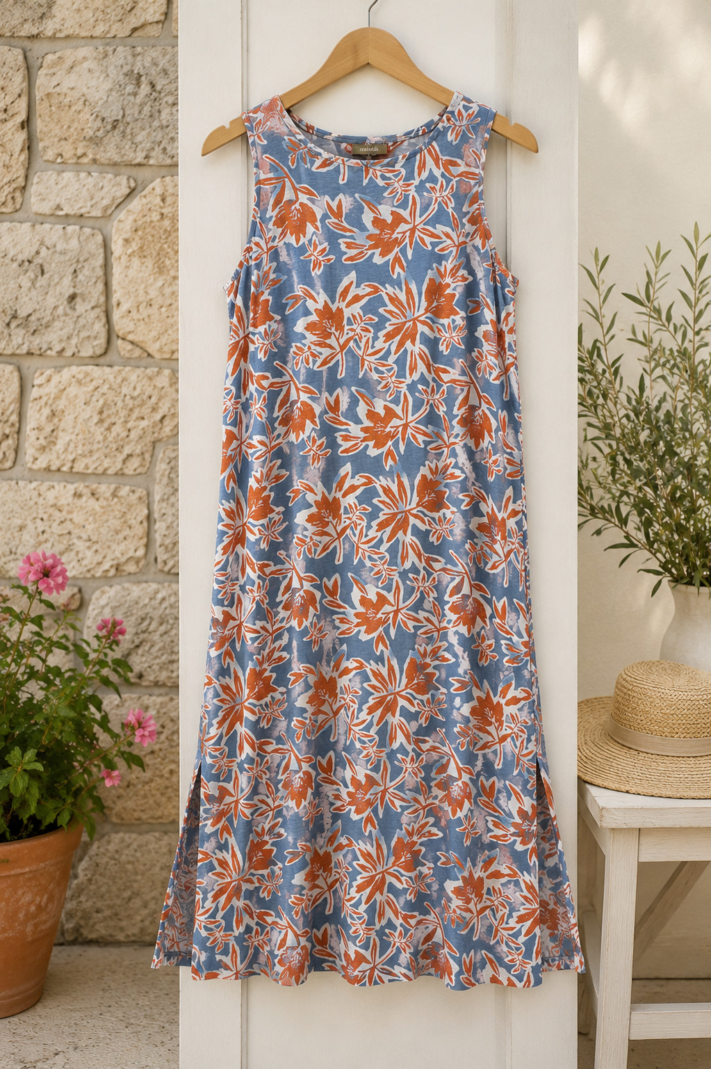 Denim & Co Naturals XL Blue Bayou Floral Linen Blend Midi Dress Pockets
