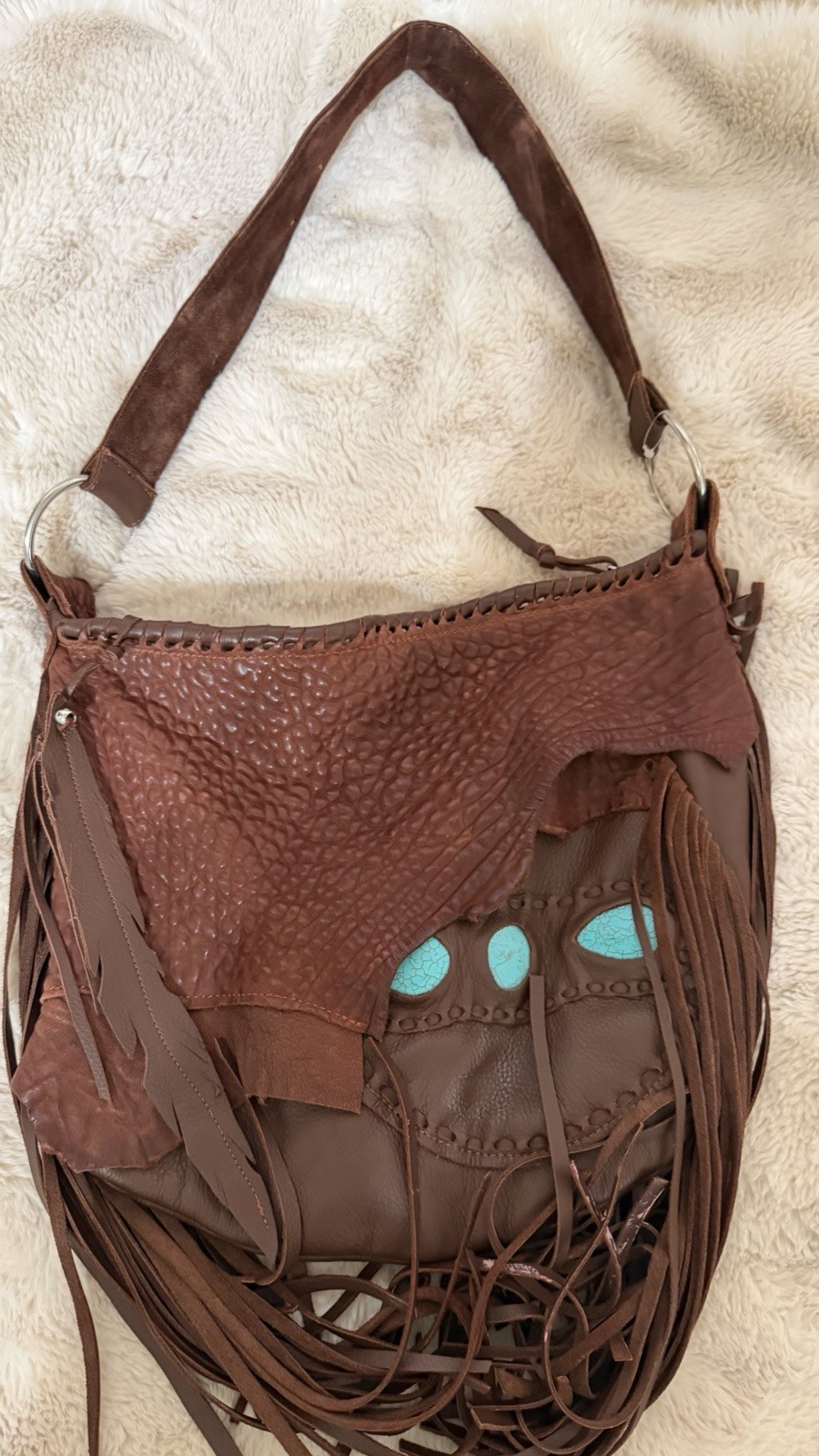 Brown Fringe Hobo Shoulder Bag Turquoise/Blue Paisley Flap Zip, Pouch