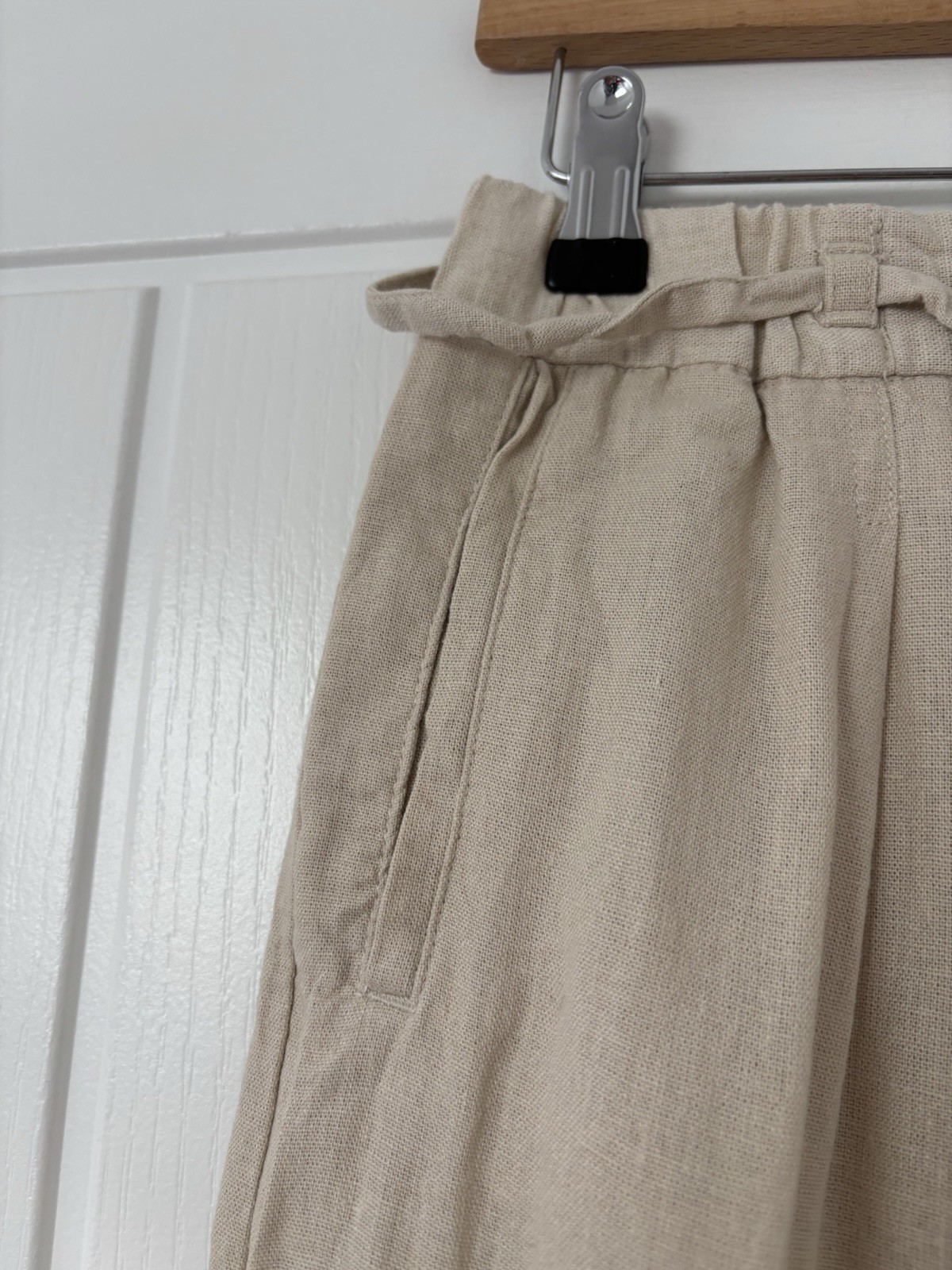 Zara Beige Natural Ecru Linen Blend Wide Leg Trousers Pants Tie Xs Pockets High