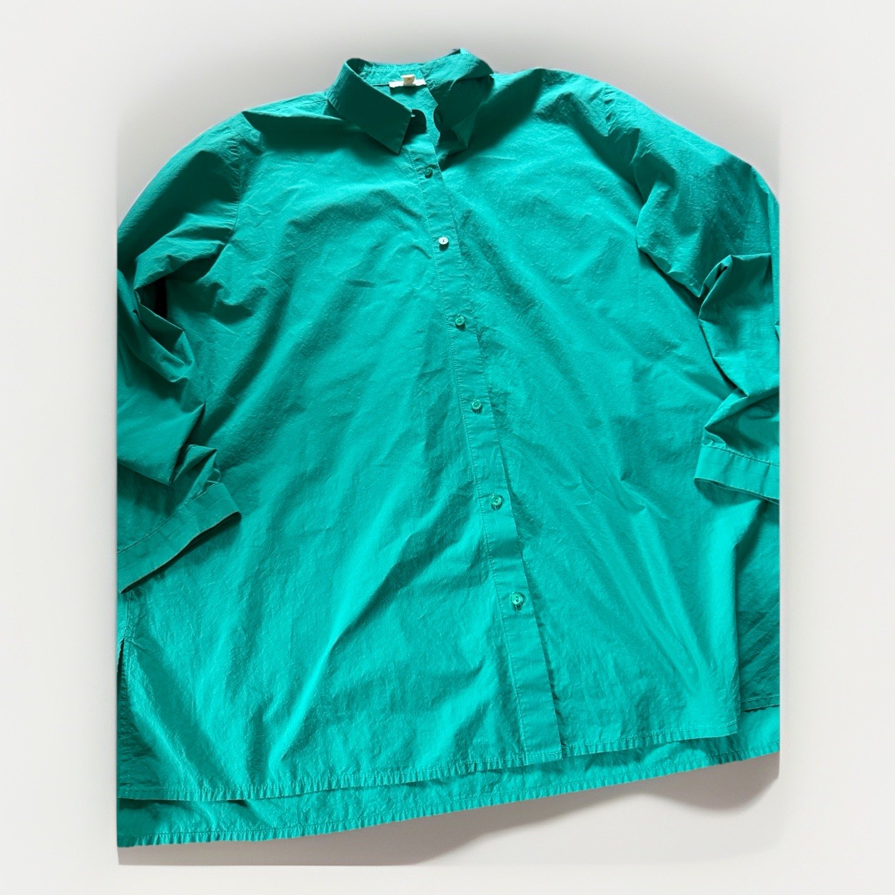 Eileen Fisher L Blue Organic Cotton Collared Button Down Tunic Shirt Career