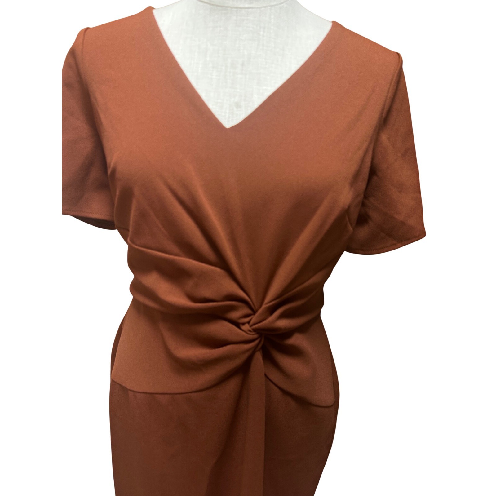 London Times Rust Twist Front Midi Dress 10 VNeck Mermaid Hem Cocktail Career