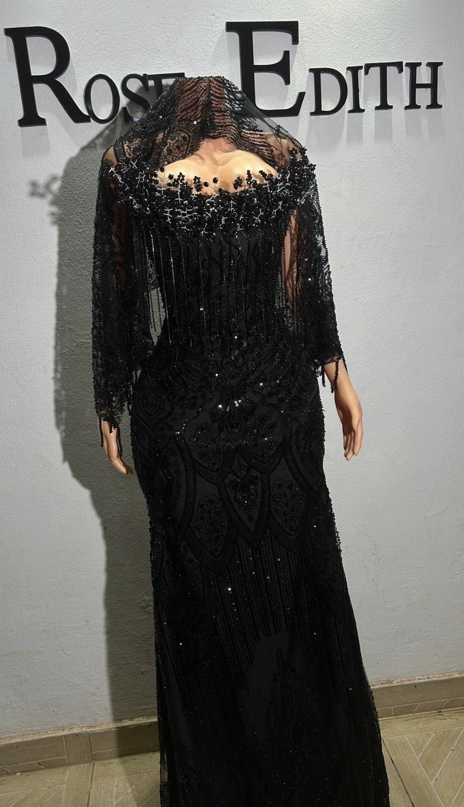 Rose Edith Black Lace Beaded Sequin High Neck Sheer Long Sleeve Gown S