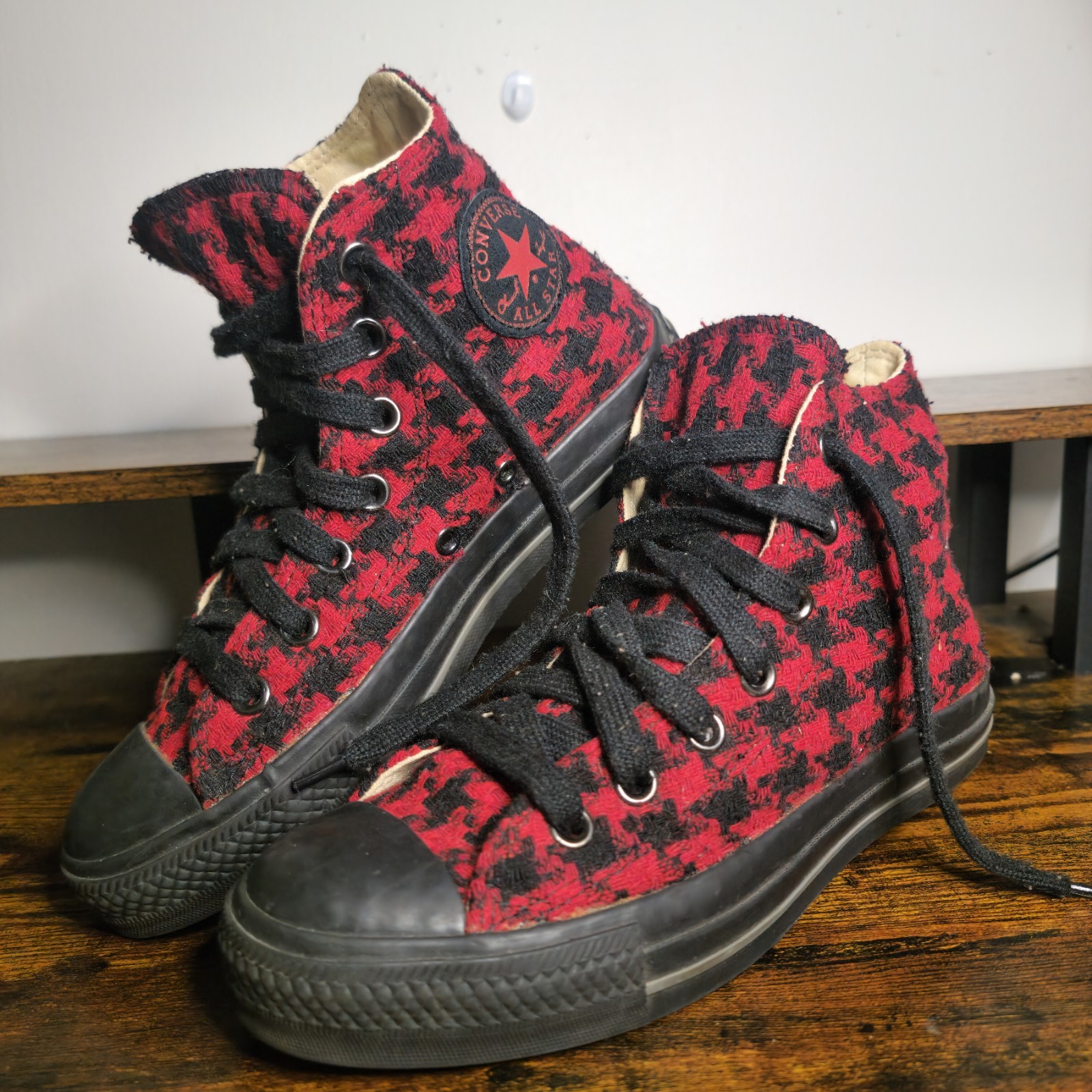 Rare Converse All Star High Top Houndstooth Red Black Woven Fabric Men 4 Women 6
