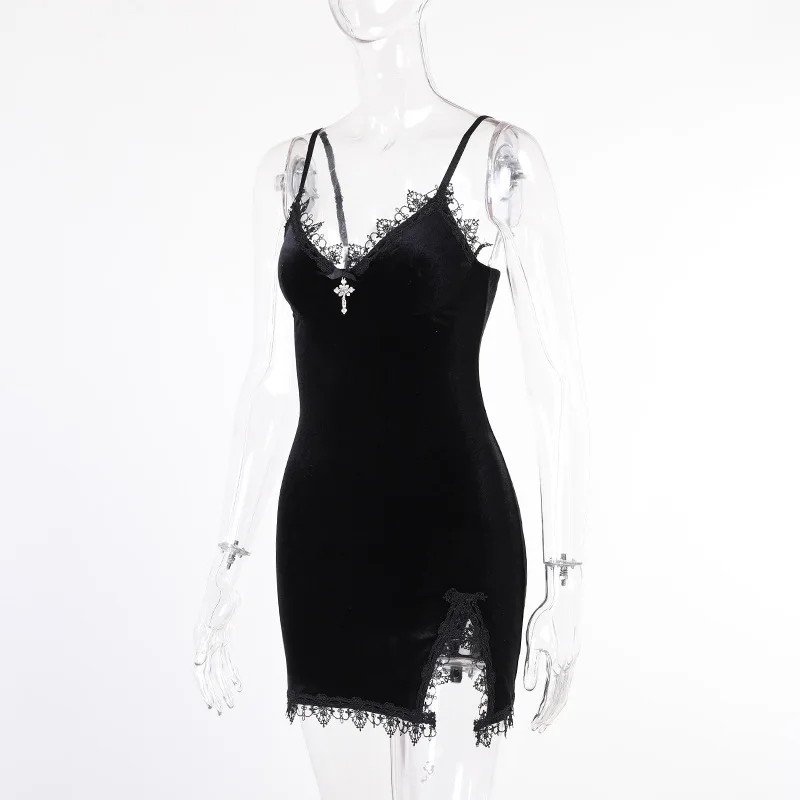 Black Mini Dress Vintage Sexy Spaghetti Strap Slit Dresses Goth Party Club Women