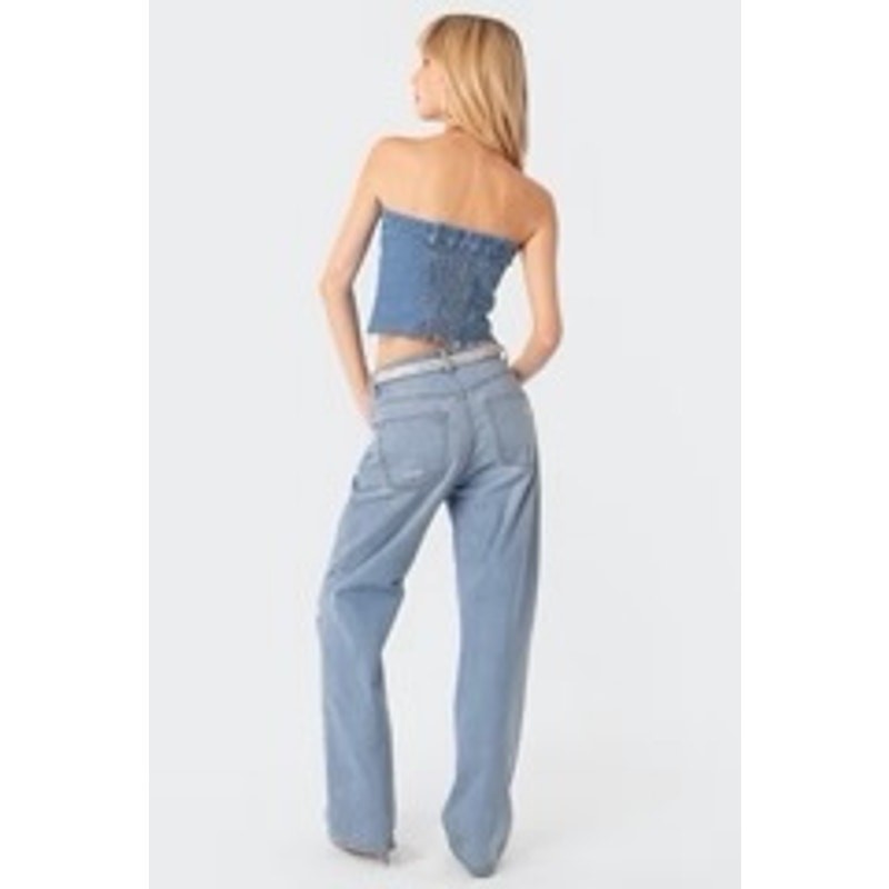Edikted River Denim Tube Top Med Blue 100% Cotton Smocked Back Y2K