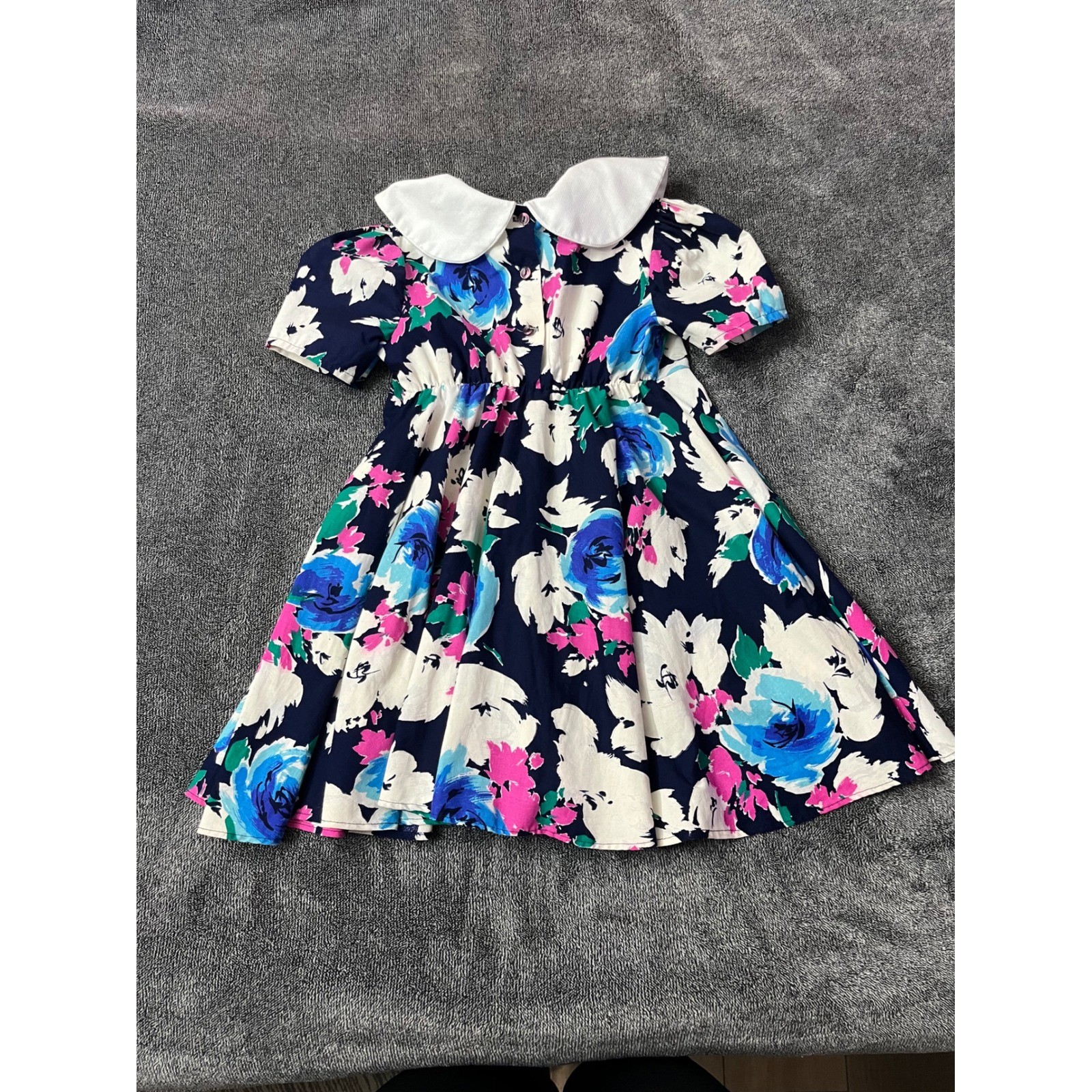 Vintage Roget Ltd Girls Navy Blue Floral Peter Pan Collar Dress Size 6