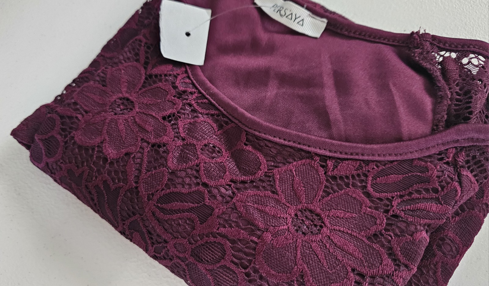 Persaya Womens Blouse Burgundy Floral Lace 3/4 Sleeve Sz L NEW