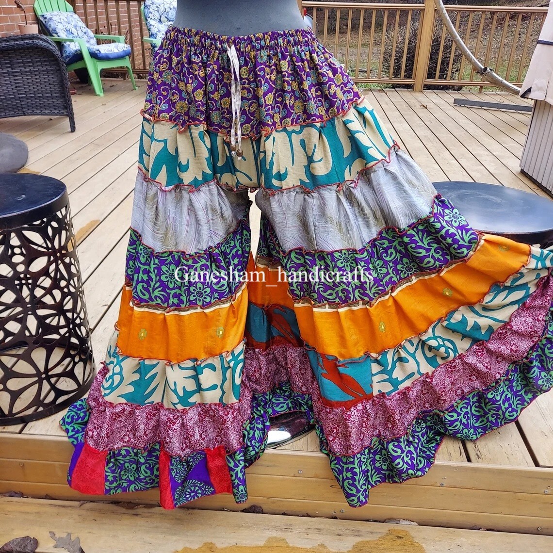 1 Pcs OF Indian Vintage Sari Printed Boho Gypsy Wide-Leg Palazzo Pants Trousers