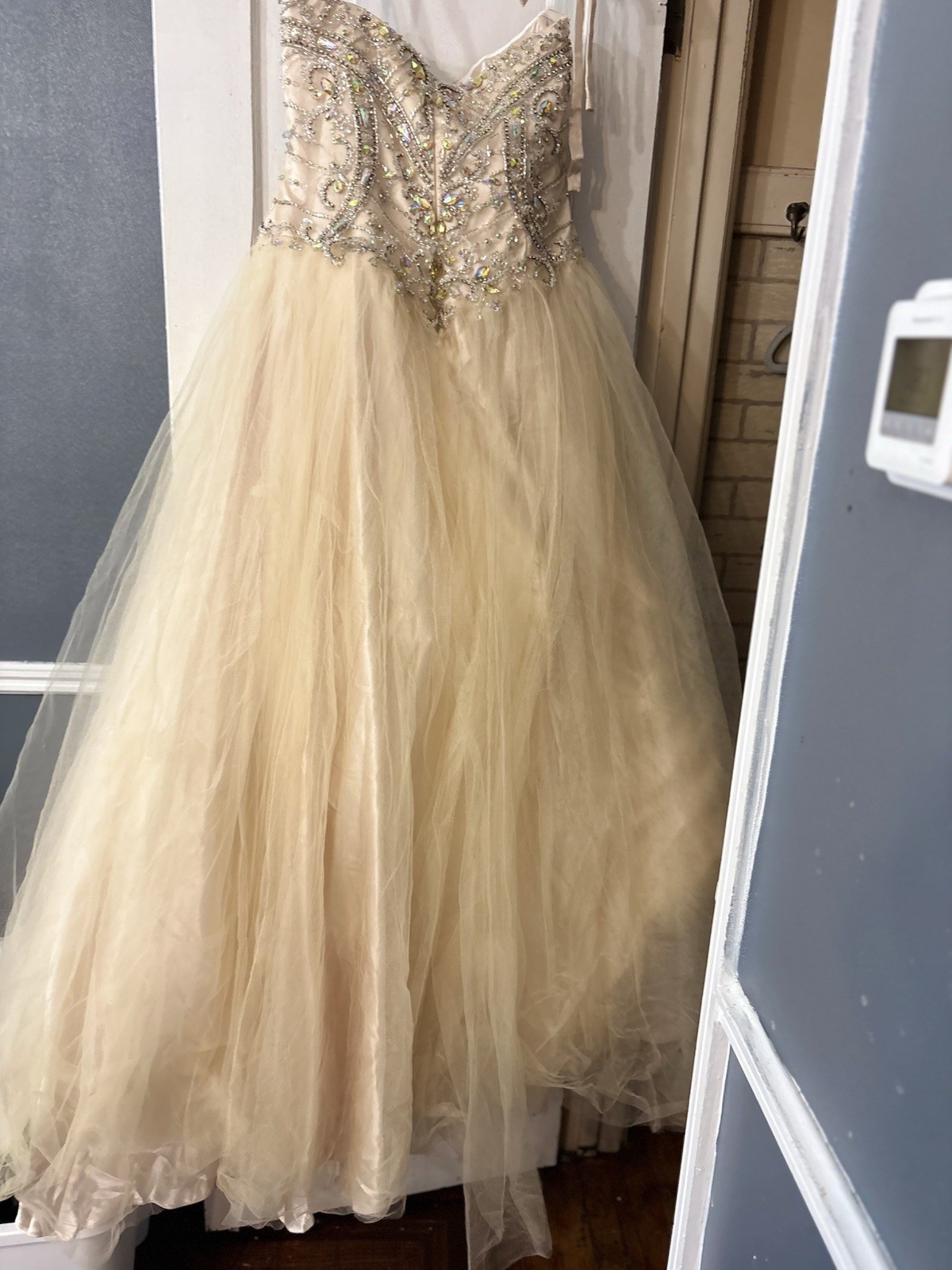 Tony Bowls Beige Beaded Bodice Tulle Ball Gown Formal Dress Polyester