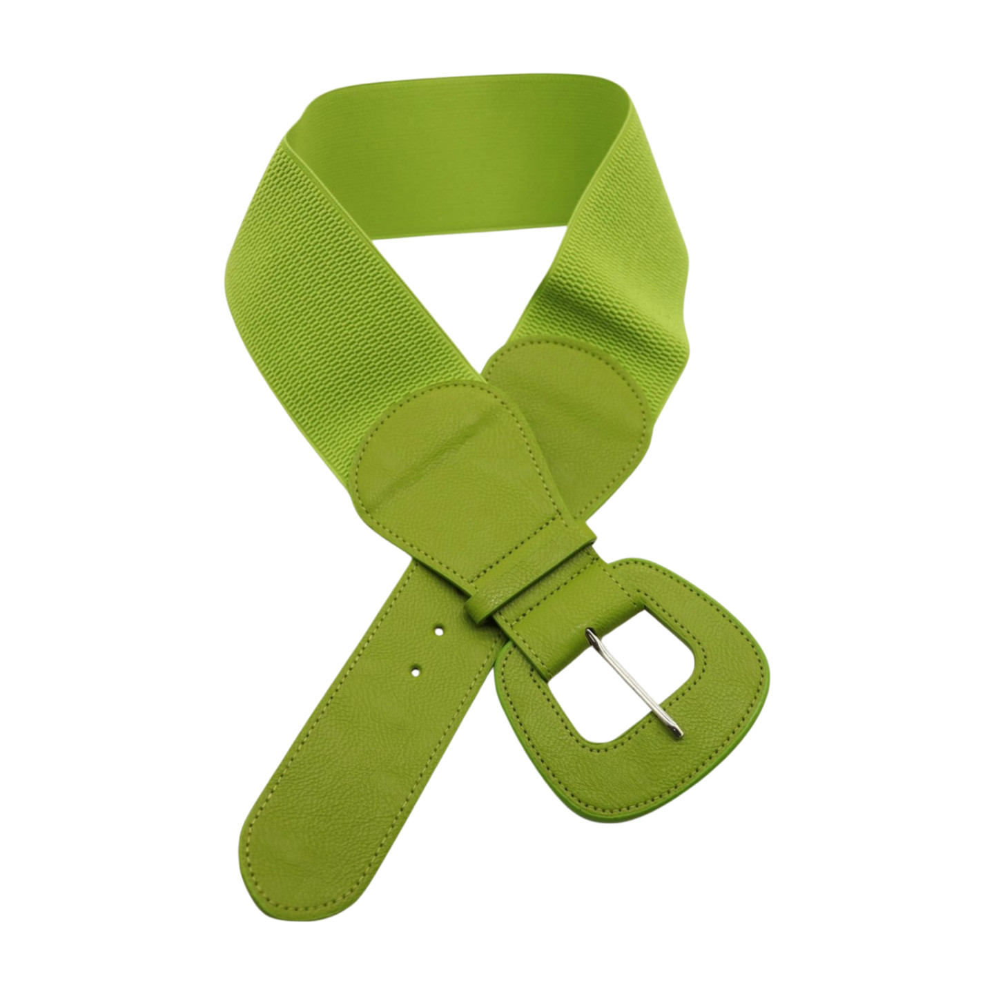 Women Olive Green Elastic Waistband Wide Popular Fun Fashion Belt Big Buckle S M