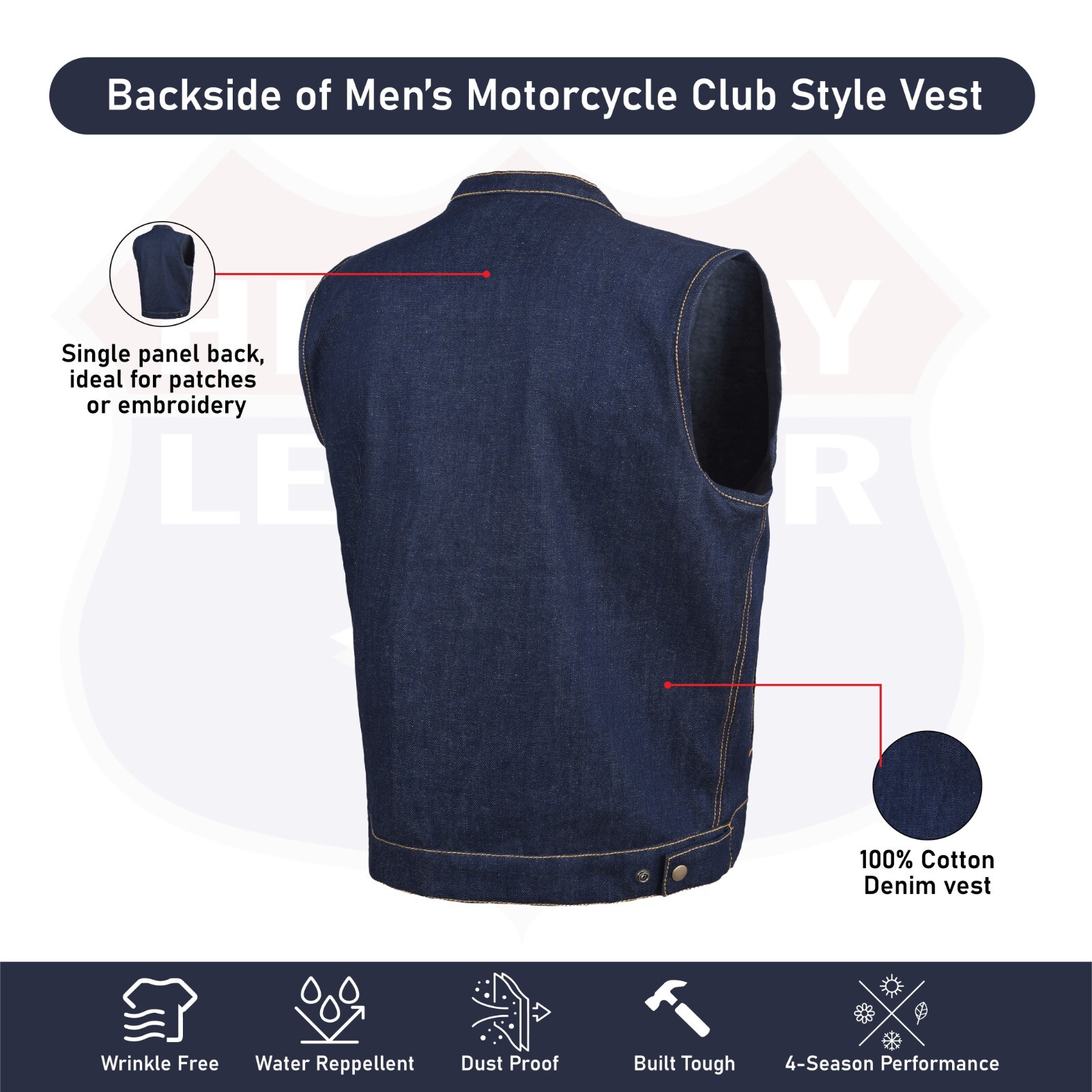 HL21687 Men’s Denim Vest in Blue with Contrast Stitching – 100% Cotton Classic
