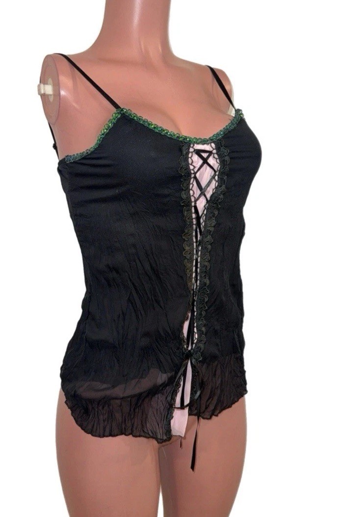 Y2K Fairycore Chiffon Lace Up Tunic Top S Black Sequins Glam 2K Deadstock W Tags