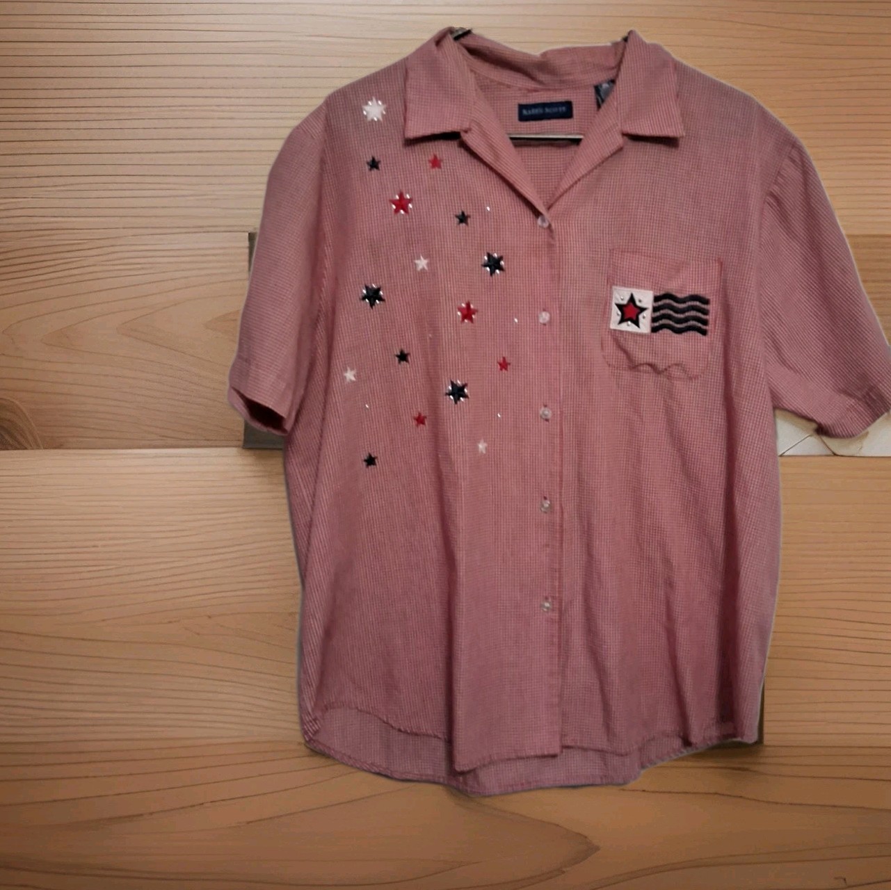 Karen Scott Gingham Button-Up Shirt XL Red/White Blue Patriotic Embroidered