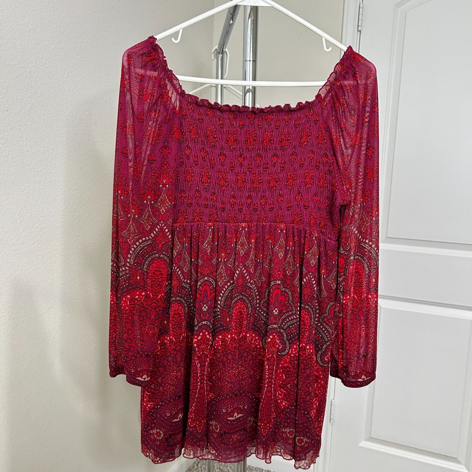 INC International Concepts Babydoll Blouse Large Red Paisley Y2K Festival Boho