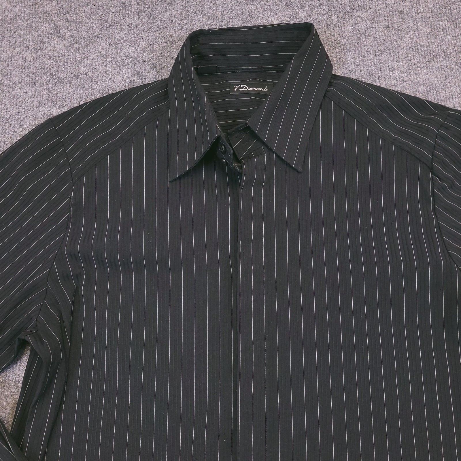 7D 7 Damonds Button Up Mens L Black White Stripe Stretch Tonal Raised Ribbing