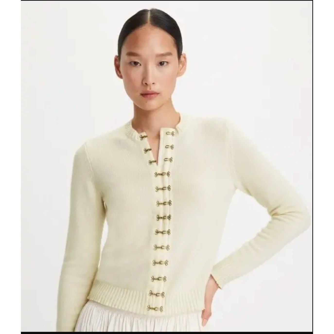 Tory Burch Hook-And-Eye 100% Cashmere Cardigan Sweater Cream – L