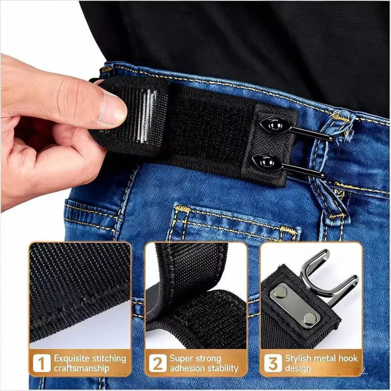 2PCS Tactical Metal Hook Elastic Belt Buckle-Less Invisible Waist Belt Closure