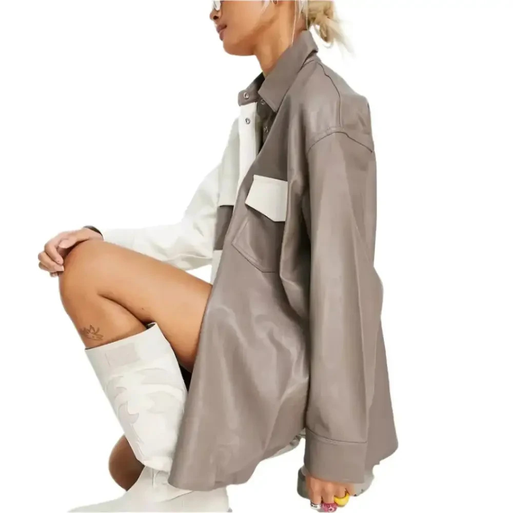 Women’s White and Gray Genuine Leather Shirt – Premium Full Sleeve Button-Down F