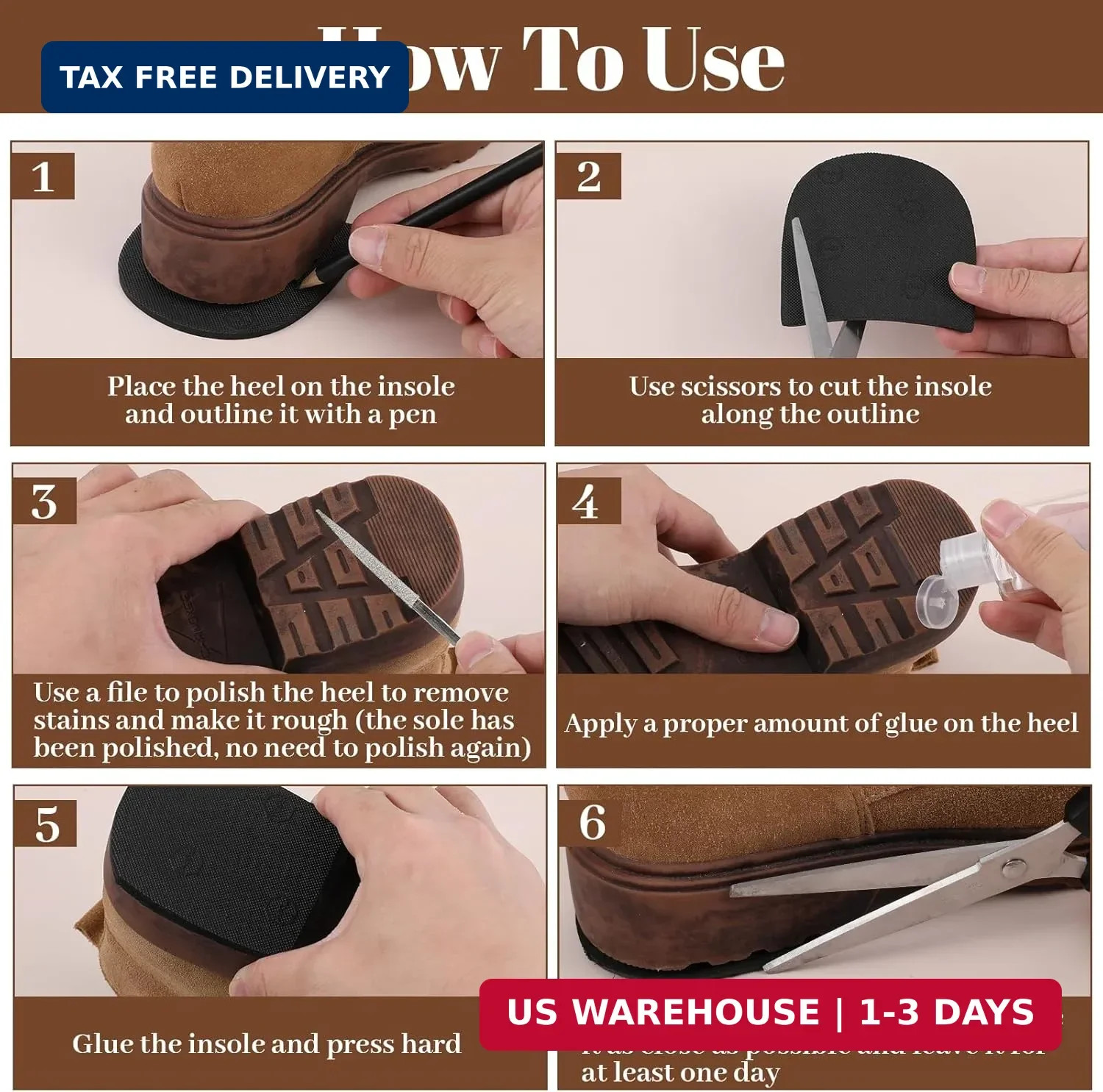 2 Pairs Boot Heel Repair Kit, Cuttable Boot Heel Replacement, Anti-Slip Shoe Hee