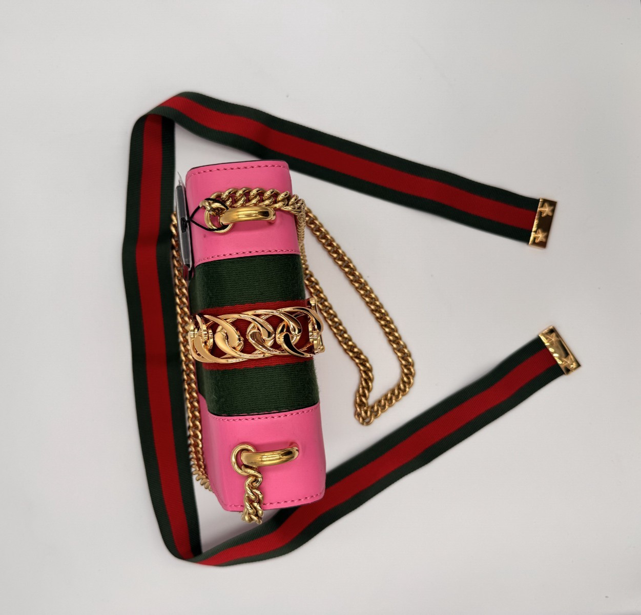 Authentic Gucci Sylvie Small Pink Leatheer Shoulder Bag Gold Chain Webstripe