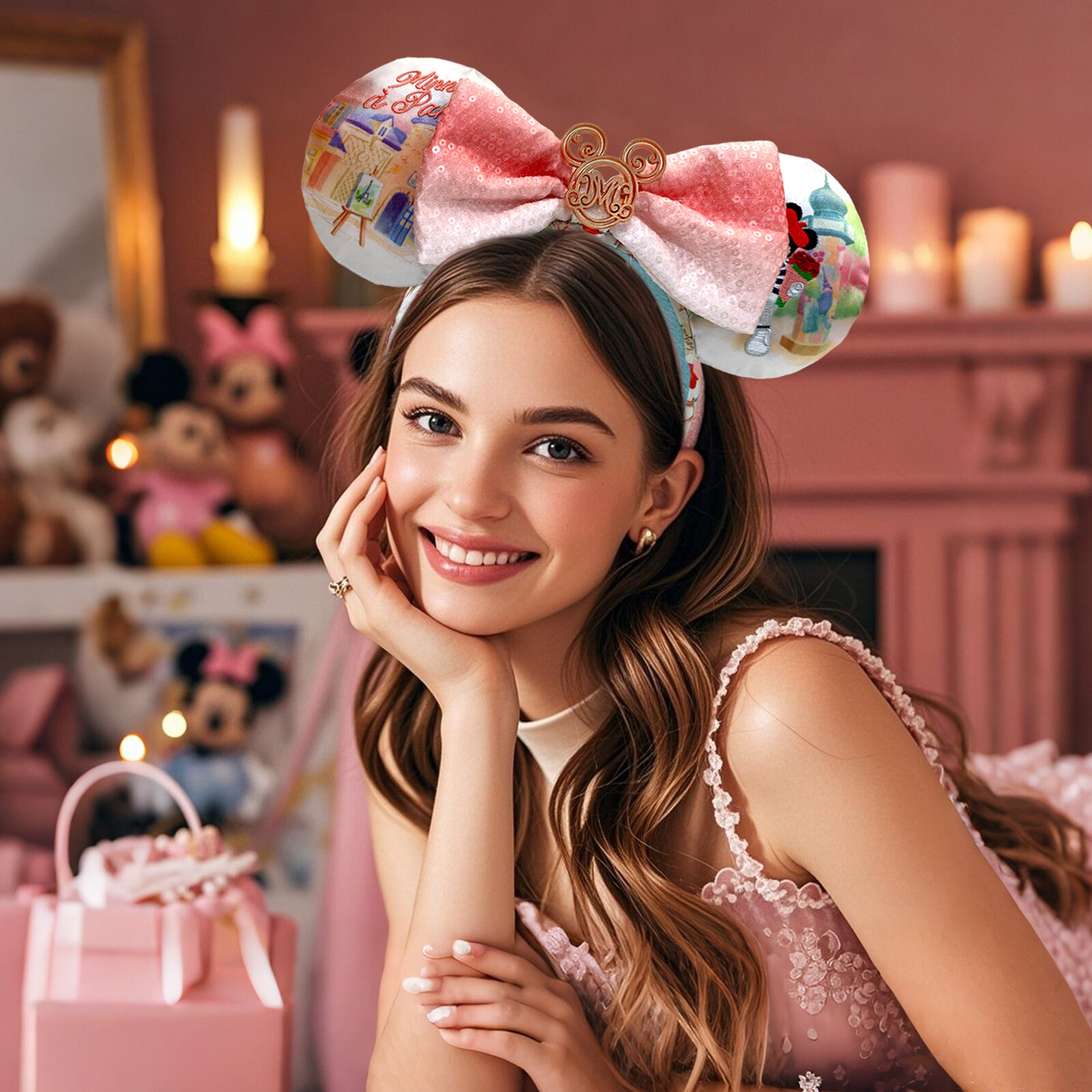 Disney-Park’s Epcot France Paris Minnie Mickey Mouse Ears Bow Headband Rose US