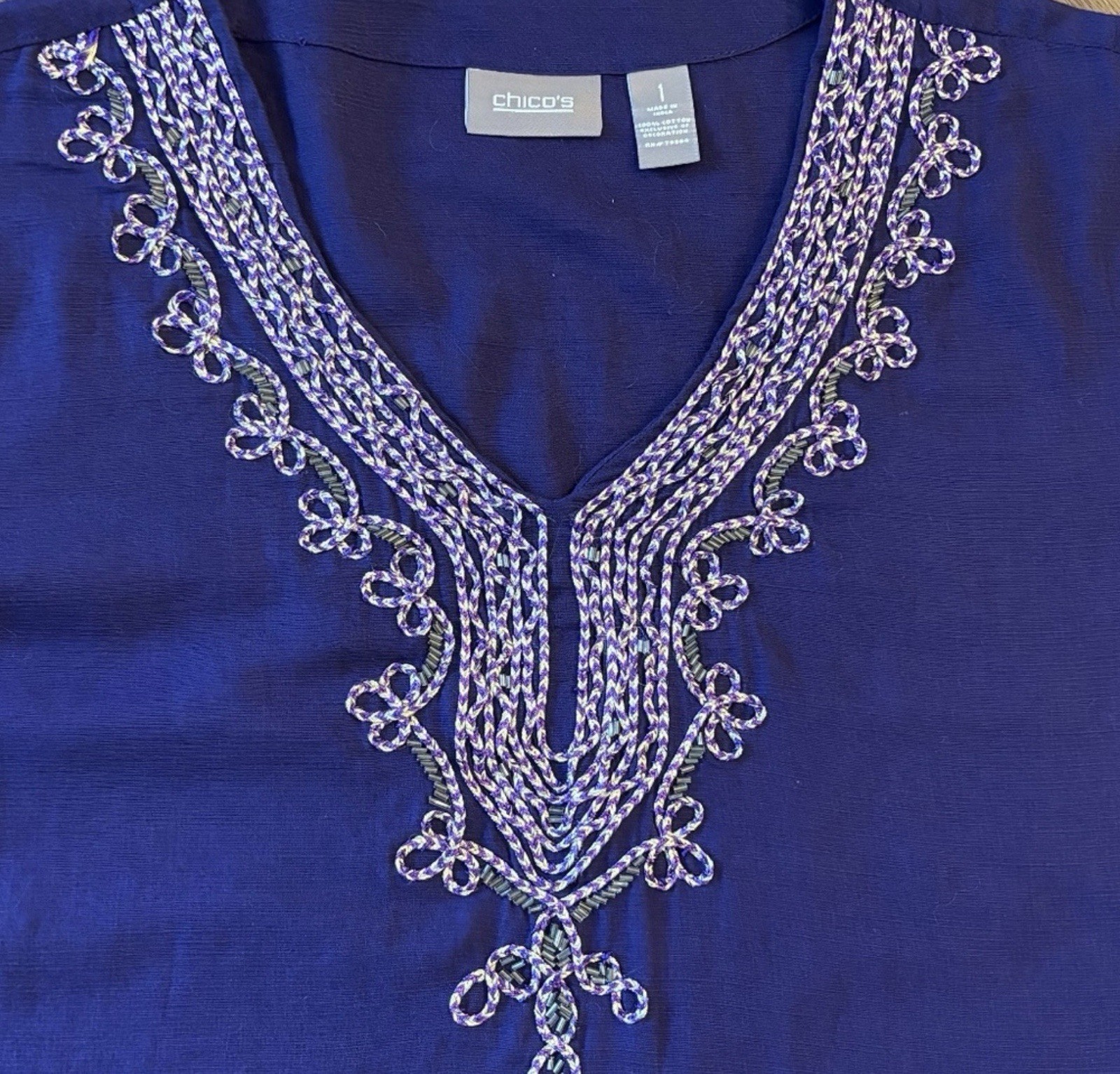 Chico’s Dark Purple V Neck Embellished Cotton Tunic Size 1 Reg 8/10 Med