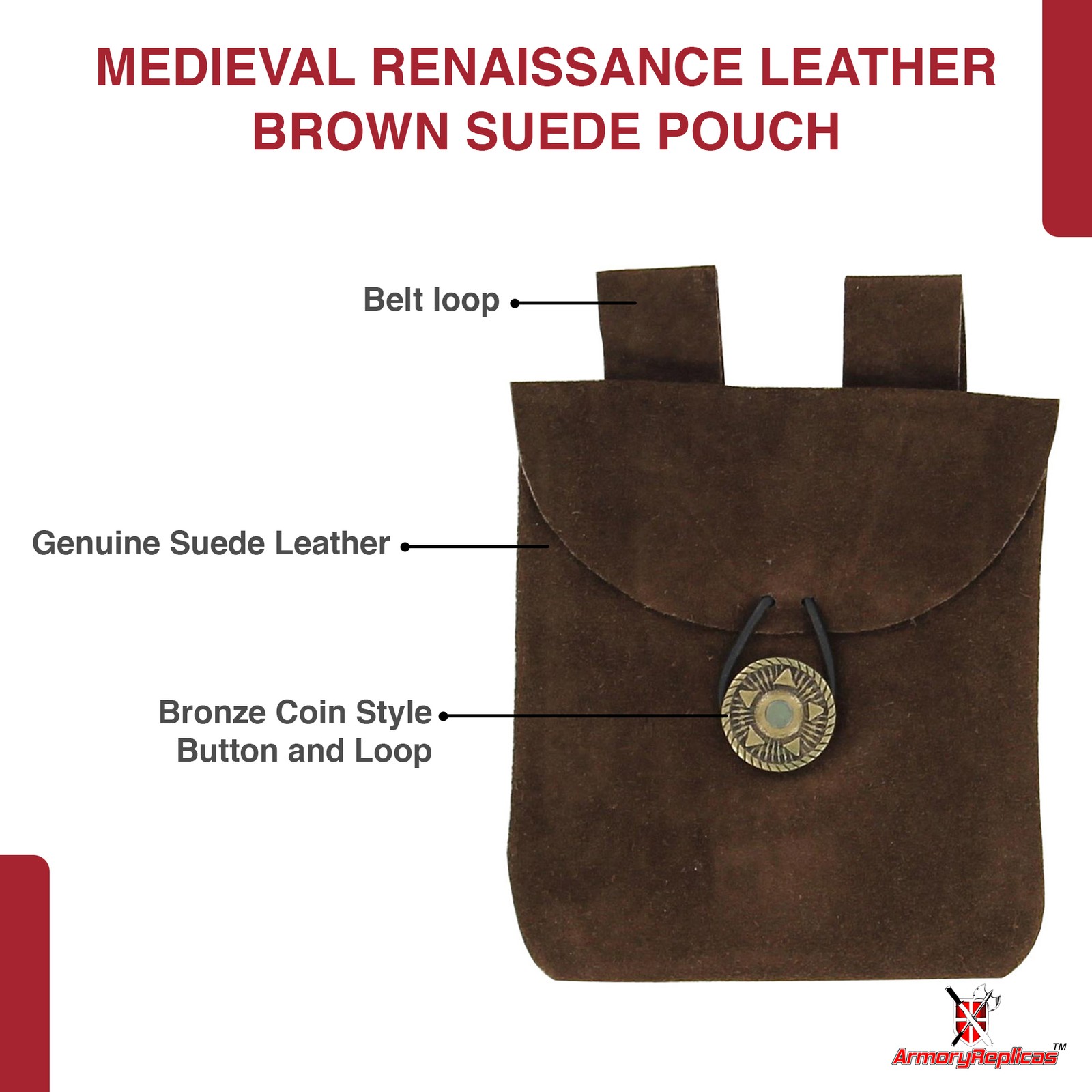 Medieval Renaissance Leather Brown Suede Coin Belt Pouch with Brass Accents