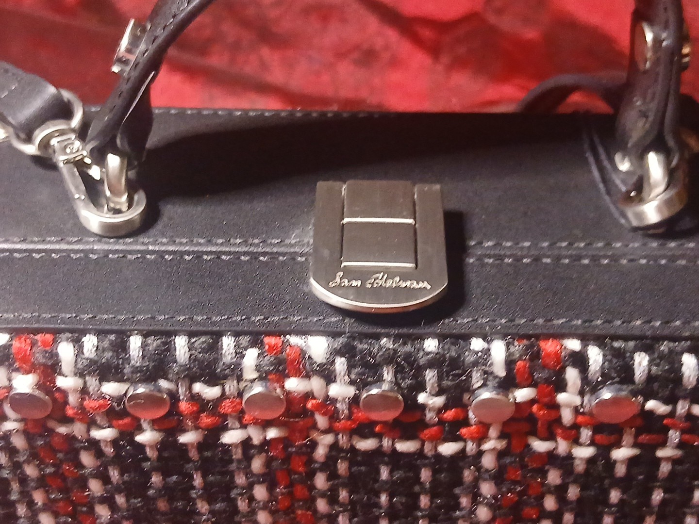 Black Sam Edelman Gracia Plaid Hardcase Crossbody Purse Woven Handbag Tweed
