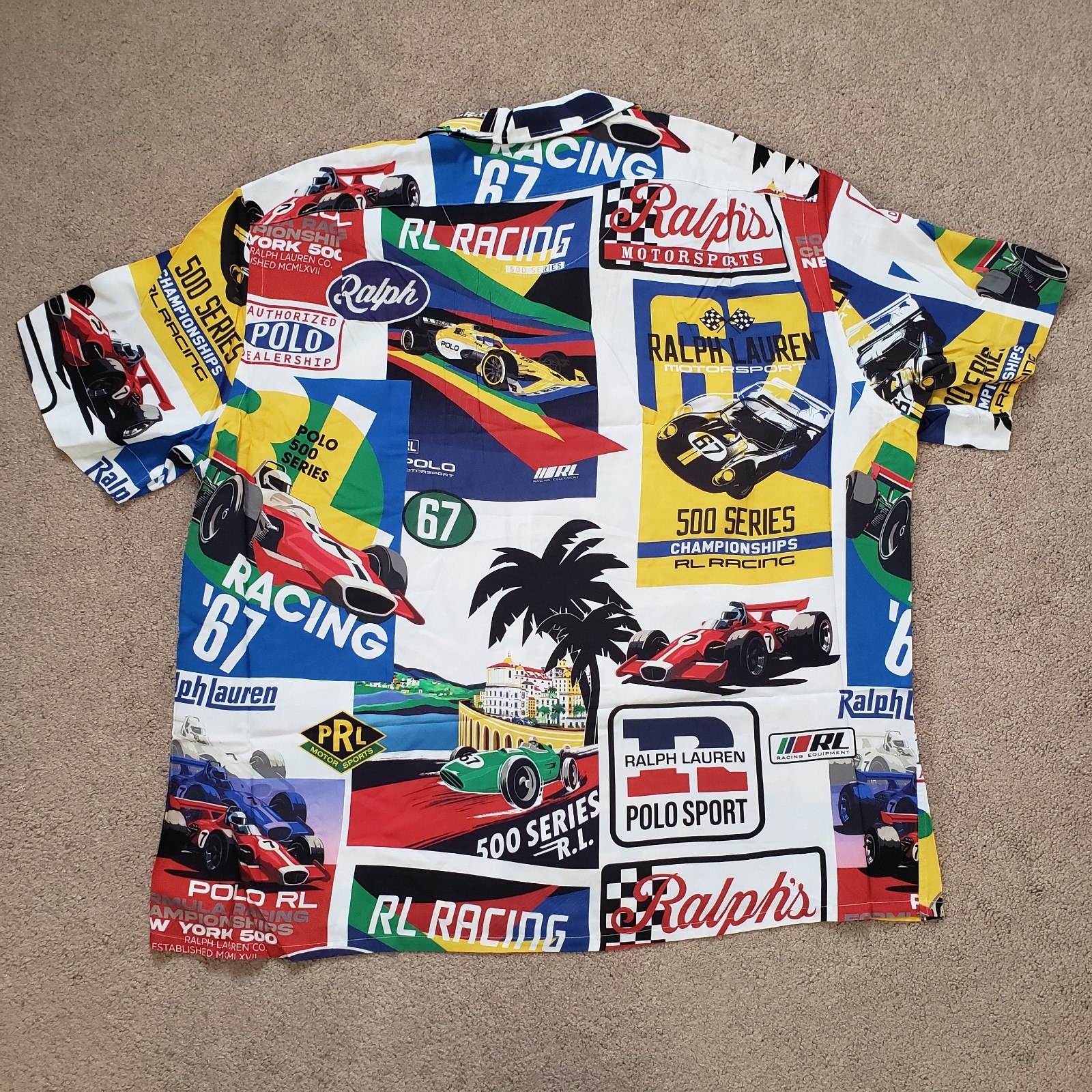 Polo Ralph Lauren Formula Racing Sz XL Classic Fit Prix Poster Woven Camp Shirt