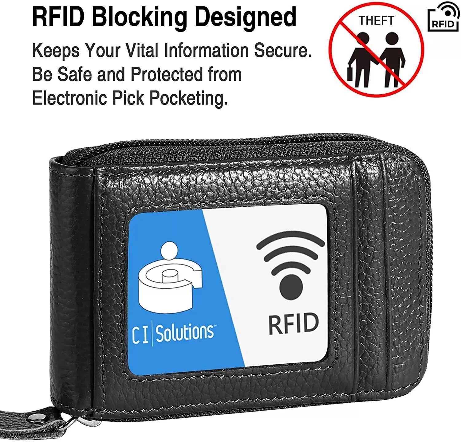 Leather Credit Card Holder RFID-Blocking Zipper Pocket Wallet with ID Window