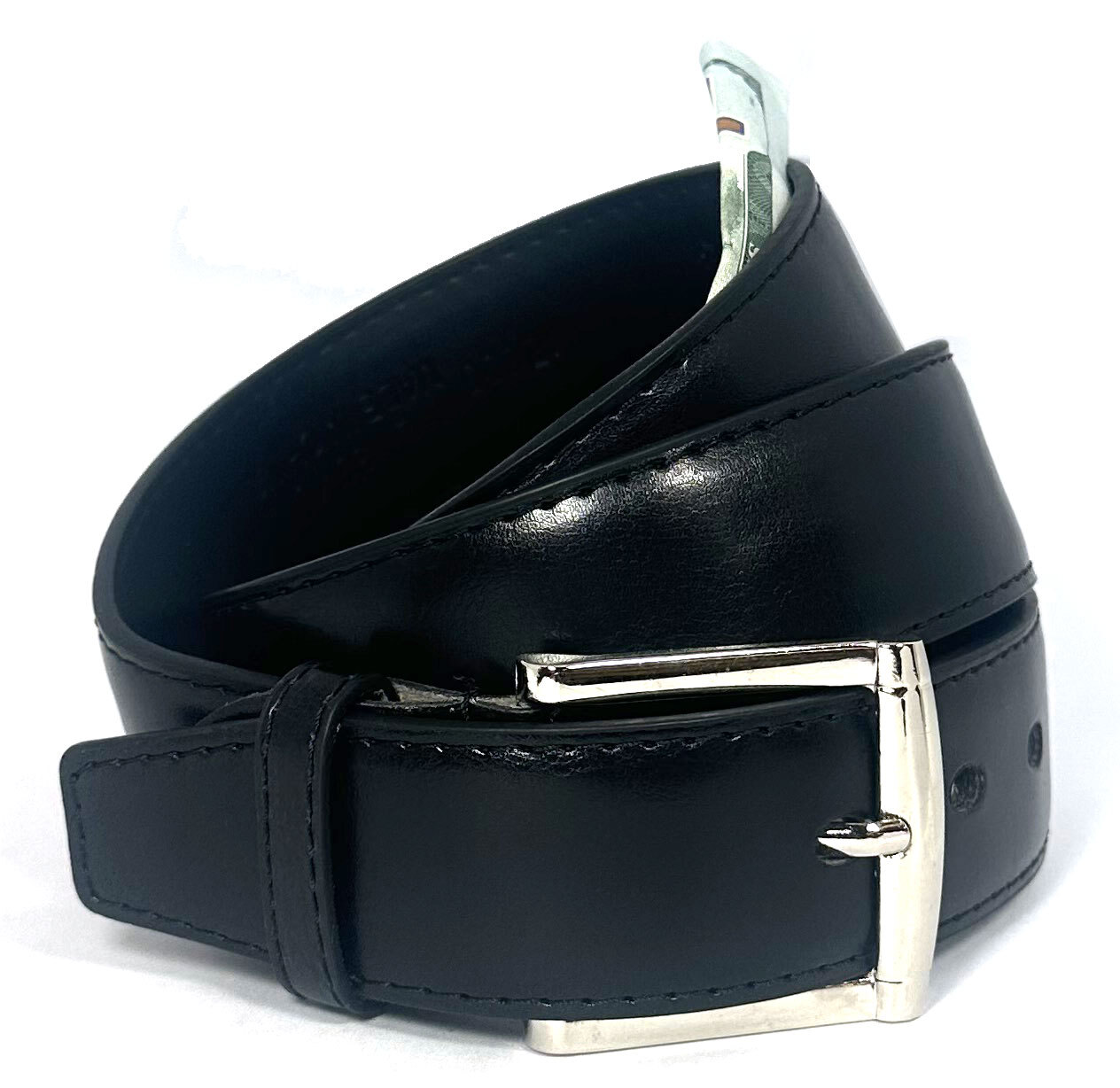 16″ Zipper. 1-1/2″ Width Leather Black Money Belt Size: M, L or XL available