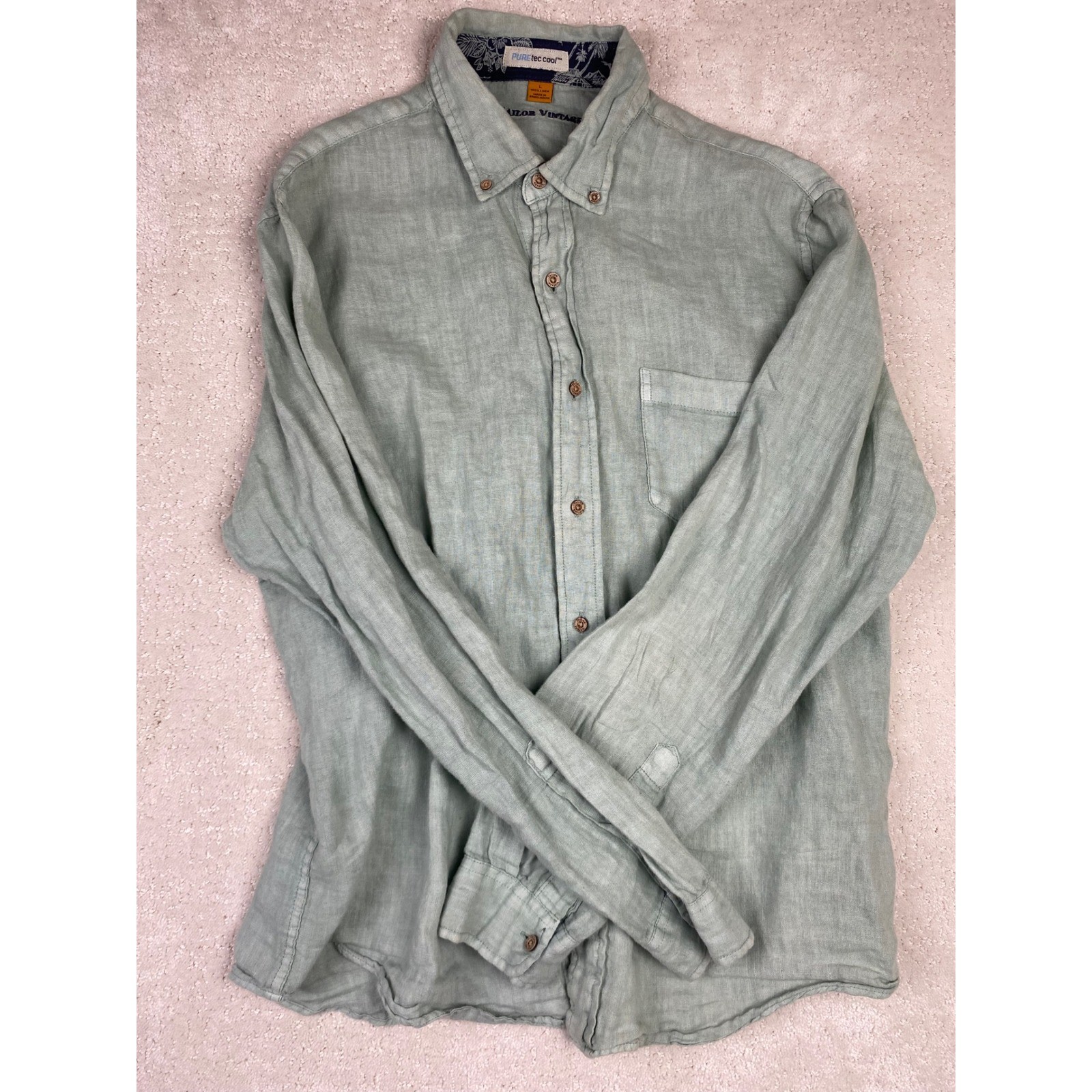 Tailor Vintage Linen Shirt Mens L Sage Green Long Sleeve Button Down Spots Noted