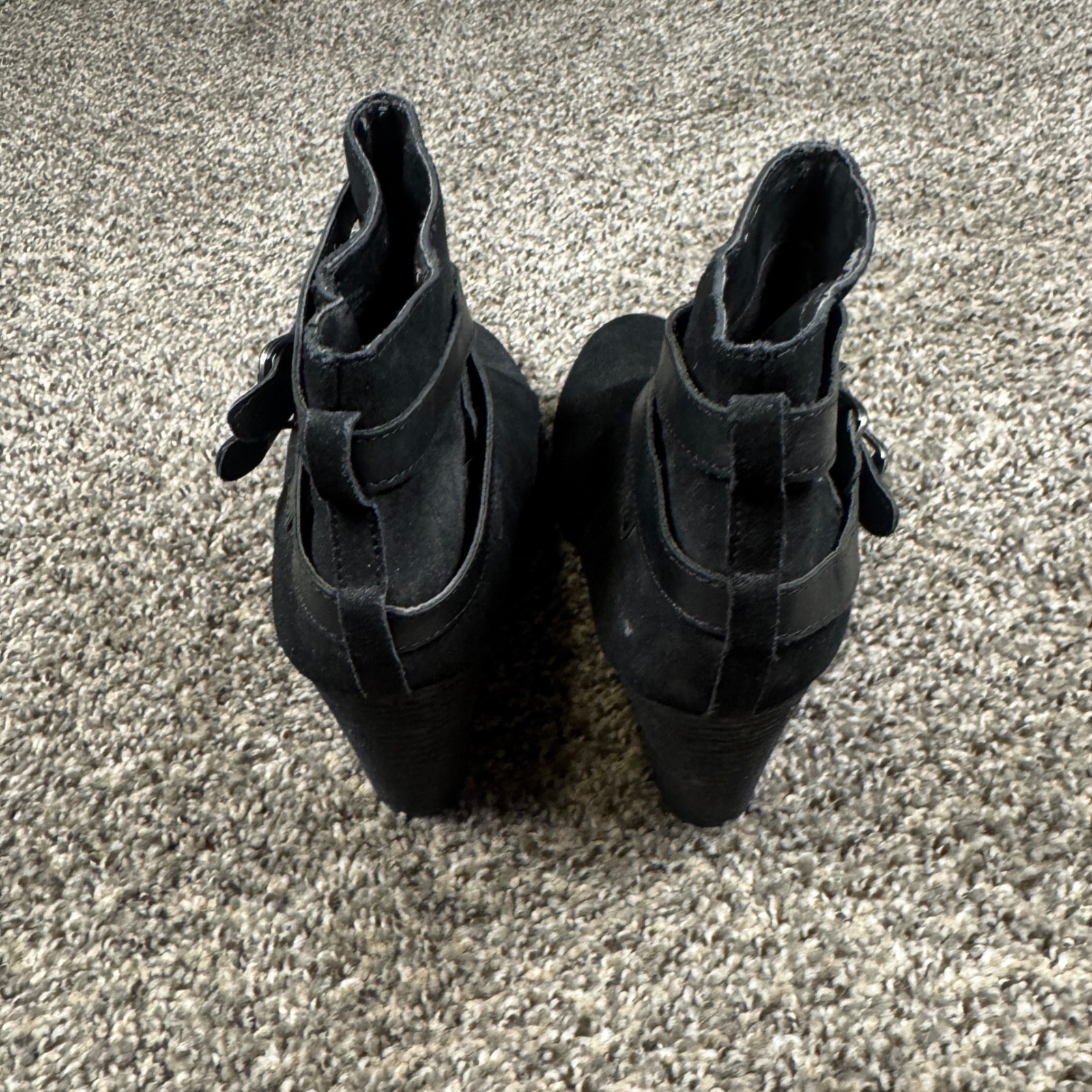 Reba Zania 9.5W Black Leather Western Buckle Grunge Ankle Booties Stacked Heel