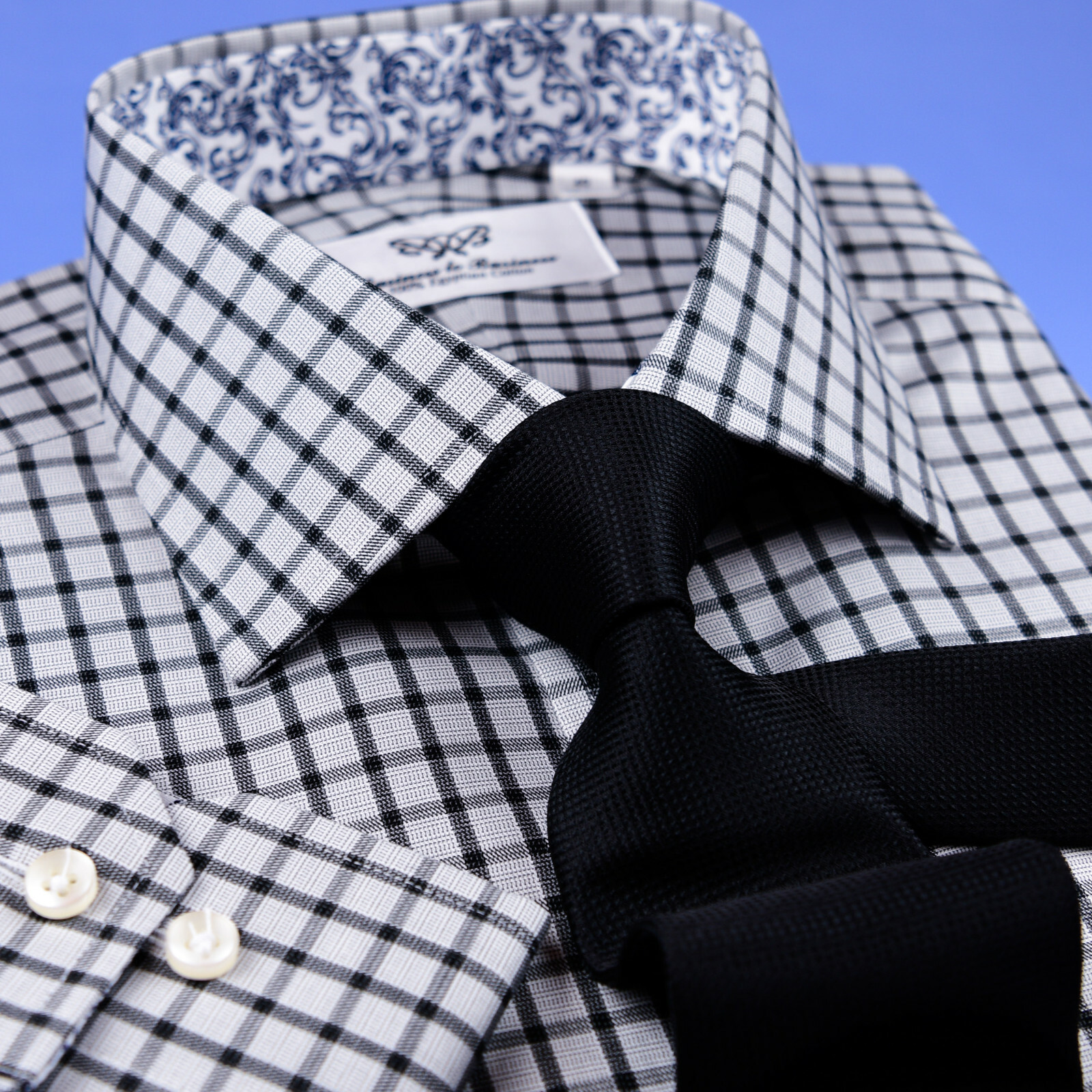 Grey Black Check Dress Shirt Formal Business Floral Paisley Barrel Button Cuff