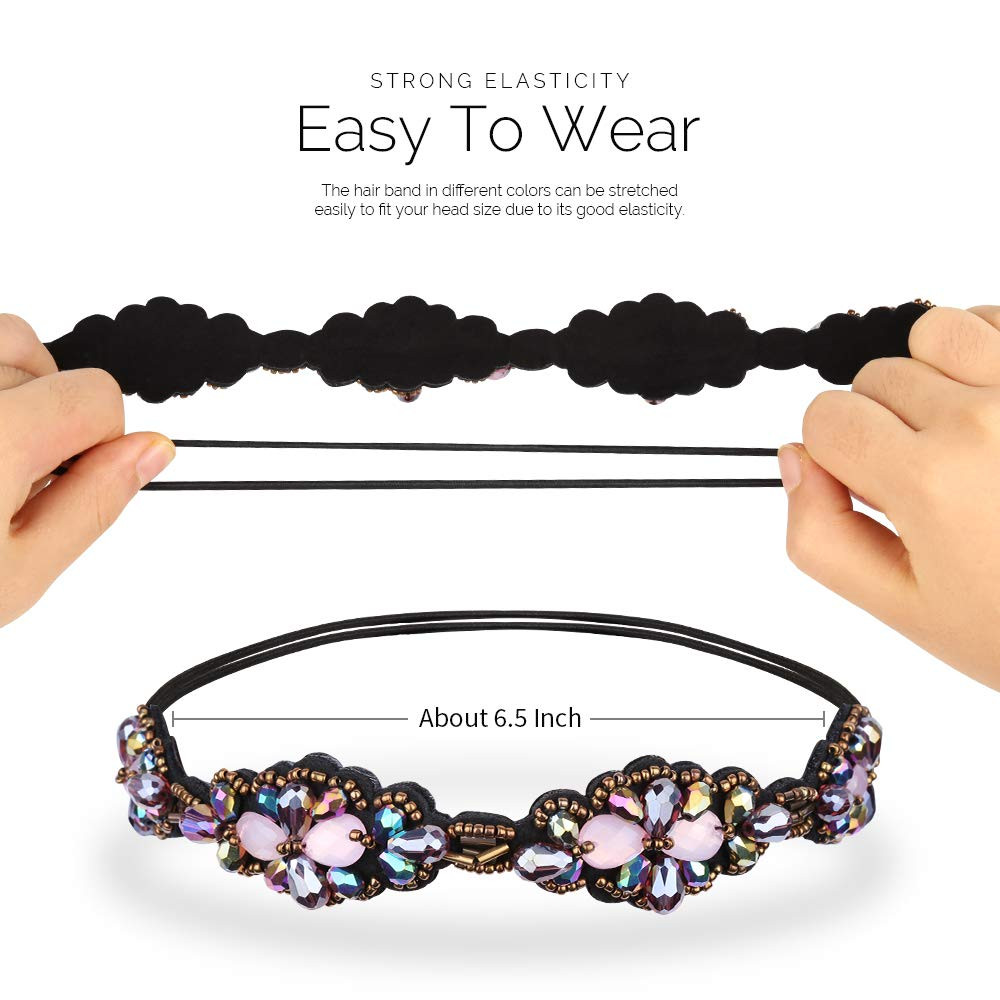 5Pcs Elastic Beaded Headbands, Jewels Hairbands Hat Bands, Crystal Rhinestone He