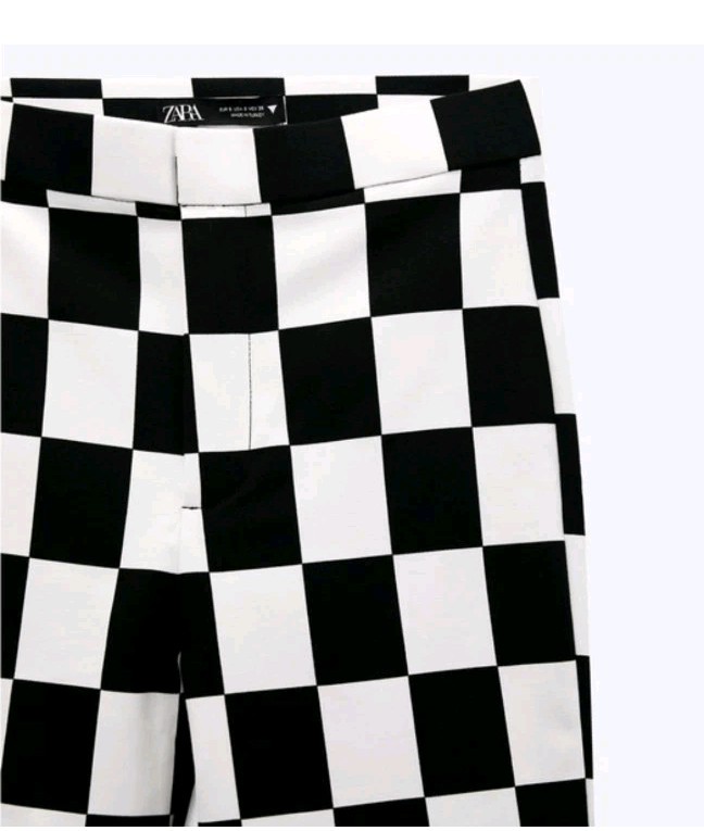 NEW Zara Checkered Pants Black White Large Block Ankle Cropped Straight Leg 5