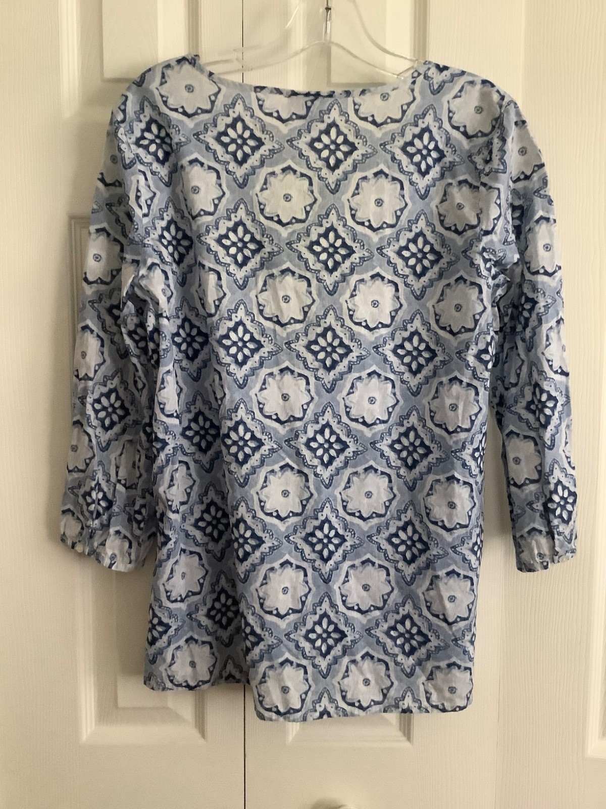 J Jill Long Sleeve Tunic Top Cotton Blue White Tied Neck w Pleats XS