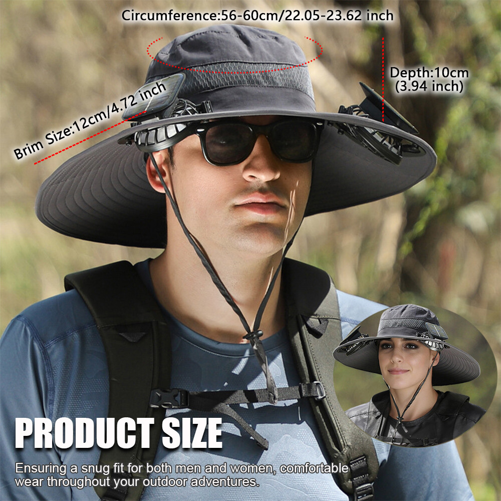 Outdoor Wide Brim Sun Hat with 2 Solar Fan UV Protection Hiking Camping Fishing